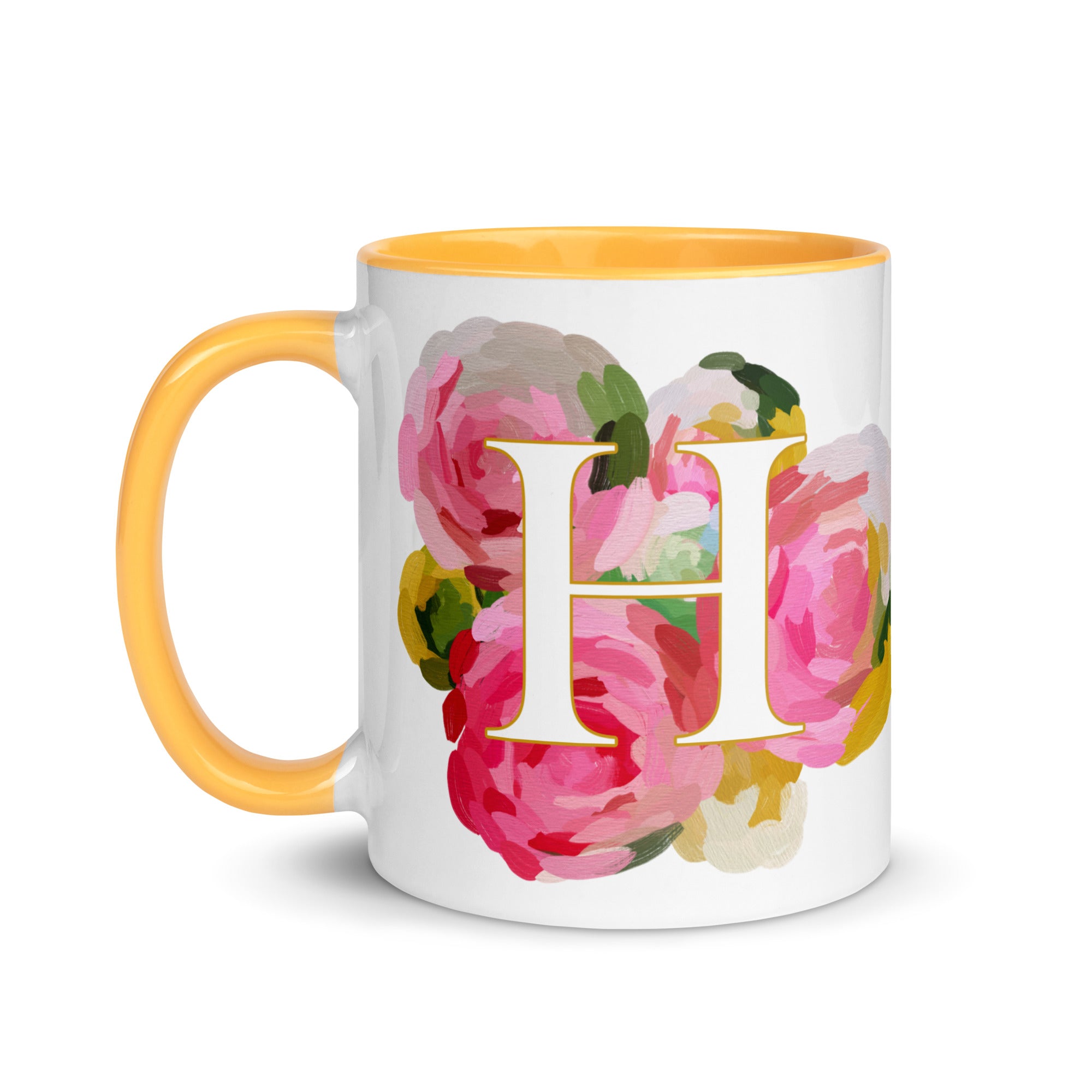 Pink Flowers Monogram Ceramic Mug - Letter A - Pretty coffee and tea mug for flower lovers. Yellow colored on the inside and the handle. Art by Parima Studio. Chic floral mug