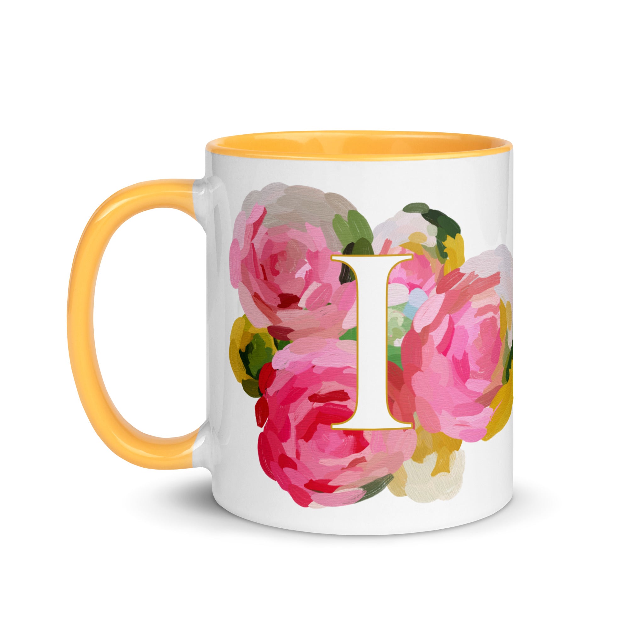 Pink Flowers Monogram Ceramic Mug - Letter I - Pretty coffee and tea mug for flower lovers. Yellow colored on the inside and the handle. Art by Parima Studio. Chic floral mug