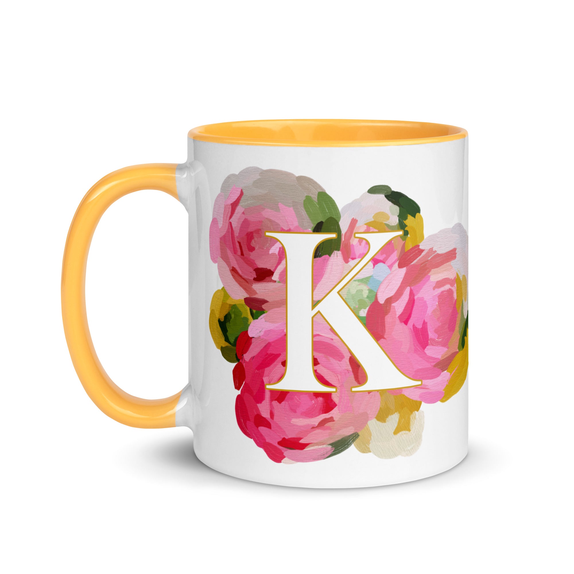 Pink Flowers Monogram Ceramic Mug - Letter K - Pretty coffee and tea mug for flower lovers. Yellow colored on the inside and the handle. Art by Parima Studio. Chic floral mug