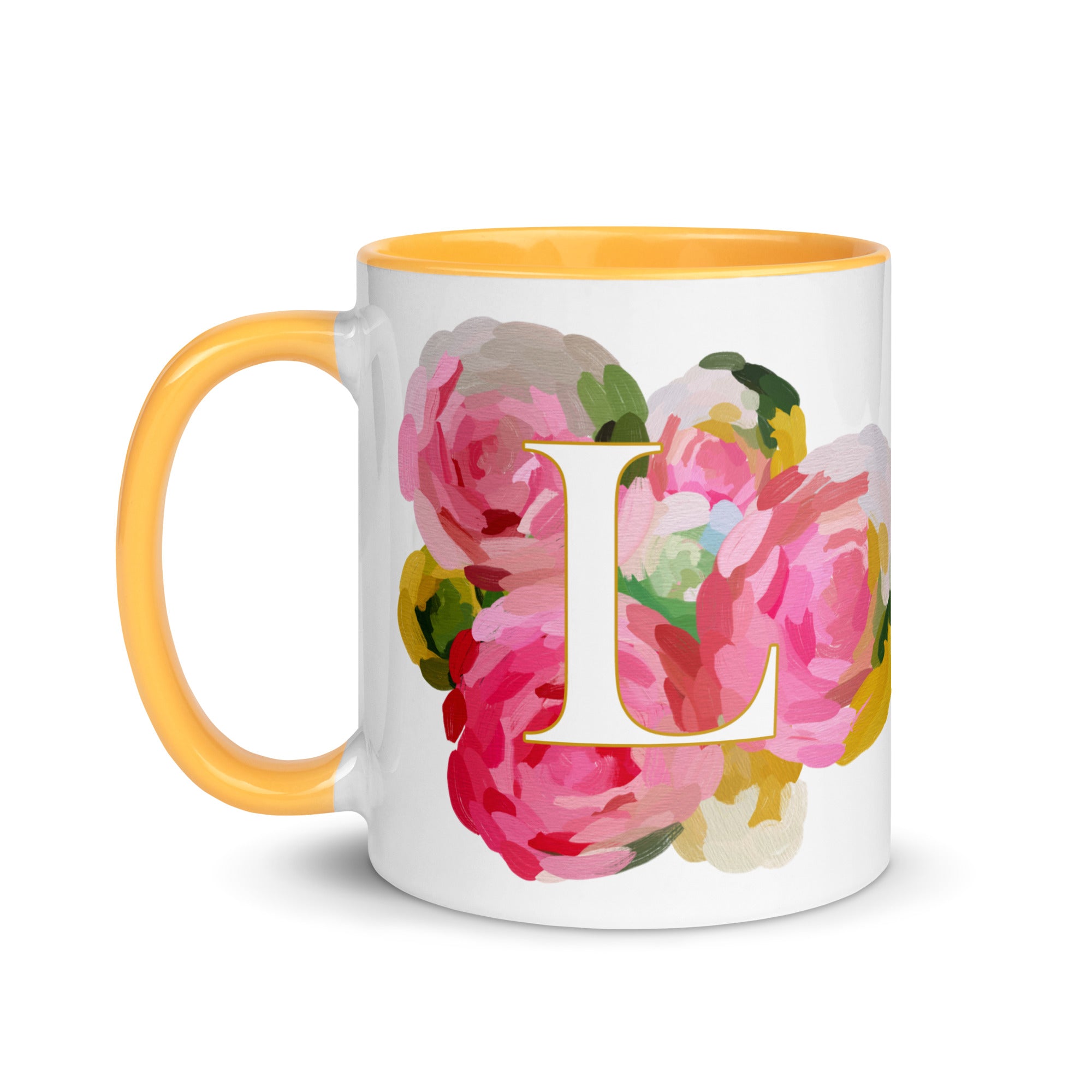 Pink Flowers Monogram Ceramic Mug - Letter L - Pretty coffee and tea mug for flower lovers. Yellow colored on the inside and the handle. Art by Parima Studio. Chic floral mug