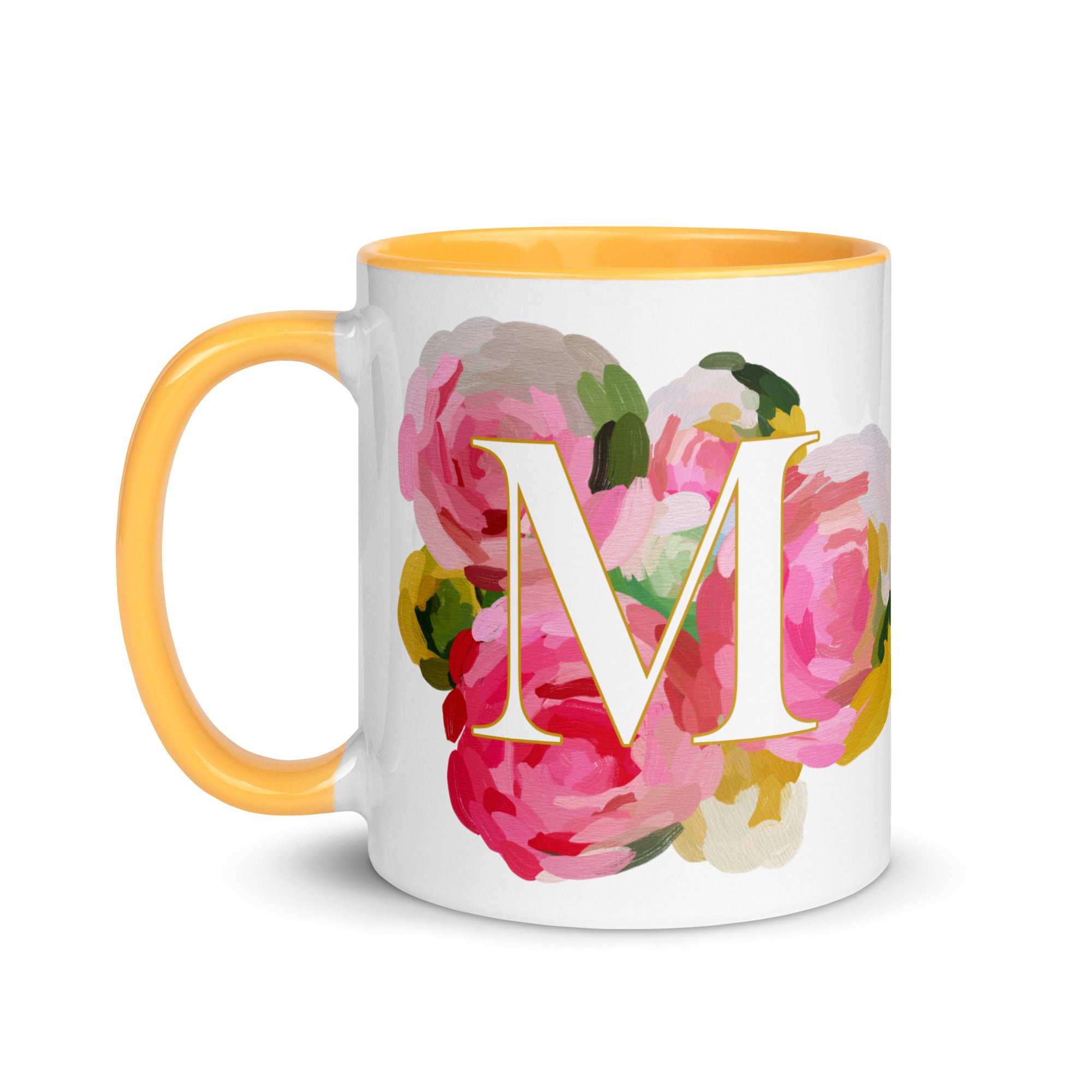 Pink Flowers Monogram Ceramic Mug - Letter M - Pretty coffee and tea mug for flower lovers. Yellow colored on the inside and the handle. Art by Parima Studio. Chic floral mug