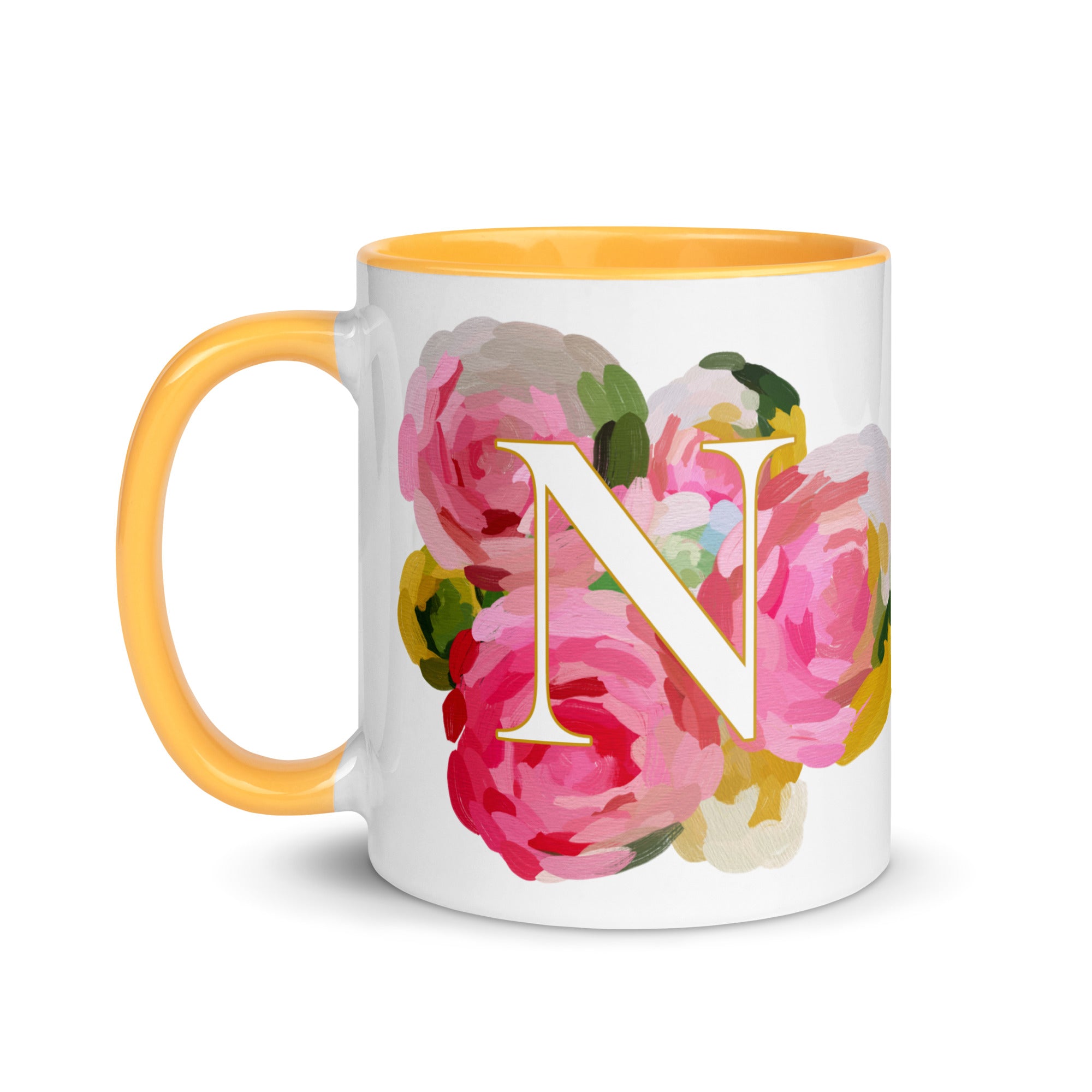 Pink Flowers Monogram Ceramic Mug - Letter N - Pretty coffee and tea mug for flower lovers. Yellow colored on the inside and the handle. Art by Parima Studio. Chic floral mug