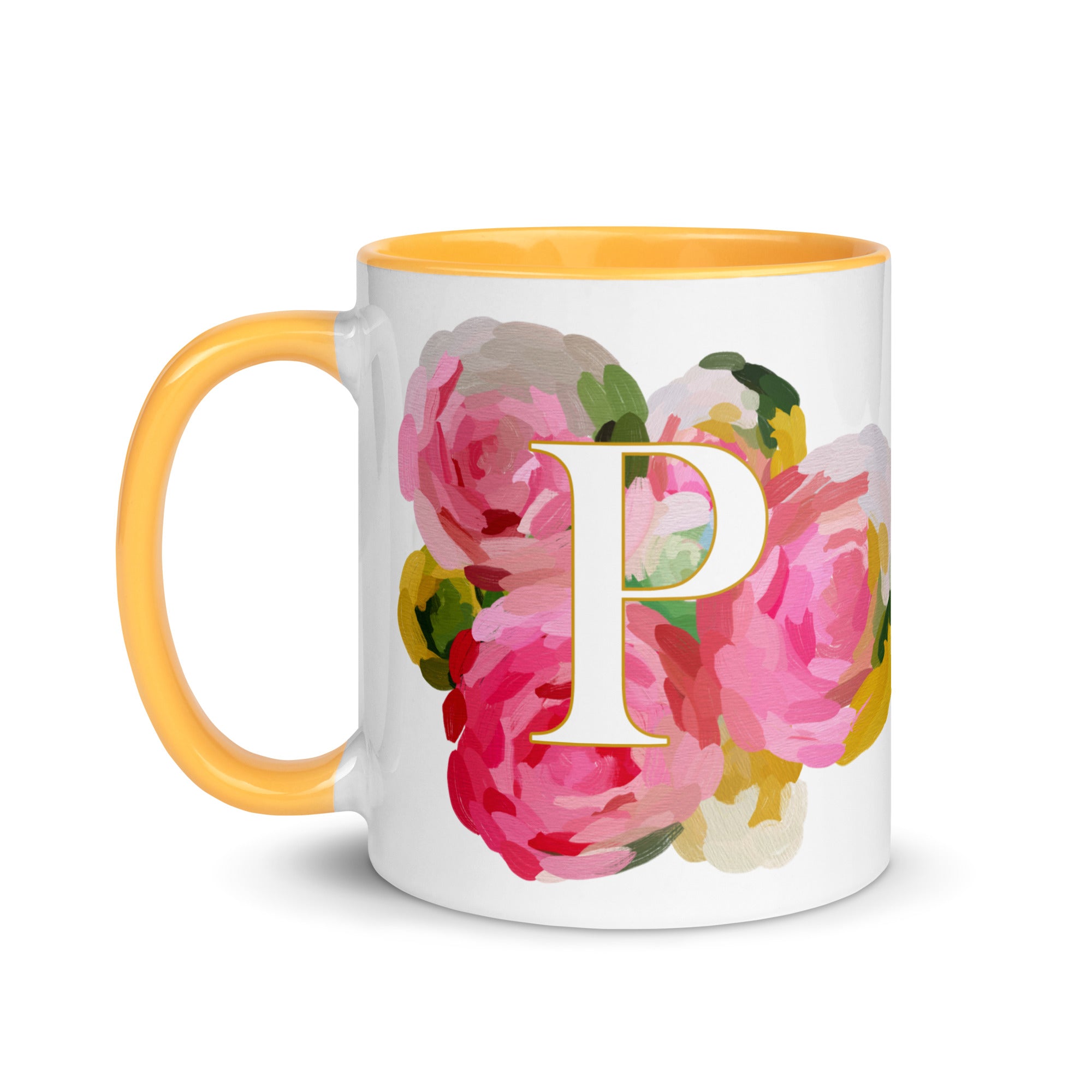 Pink Flowers Monogram Ceramic Mug - Letter P - Pretty coffee and tea mug for flower lovers. Yellow colored on the inside and the handle. Art by Parima Studio. Chic floral mug
