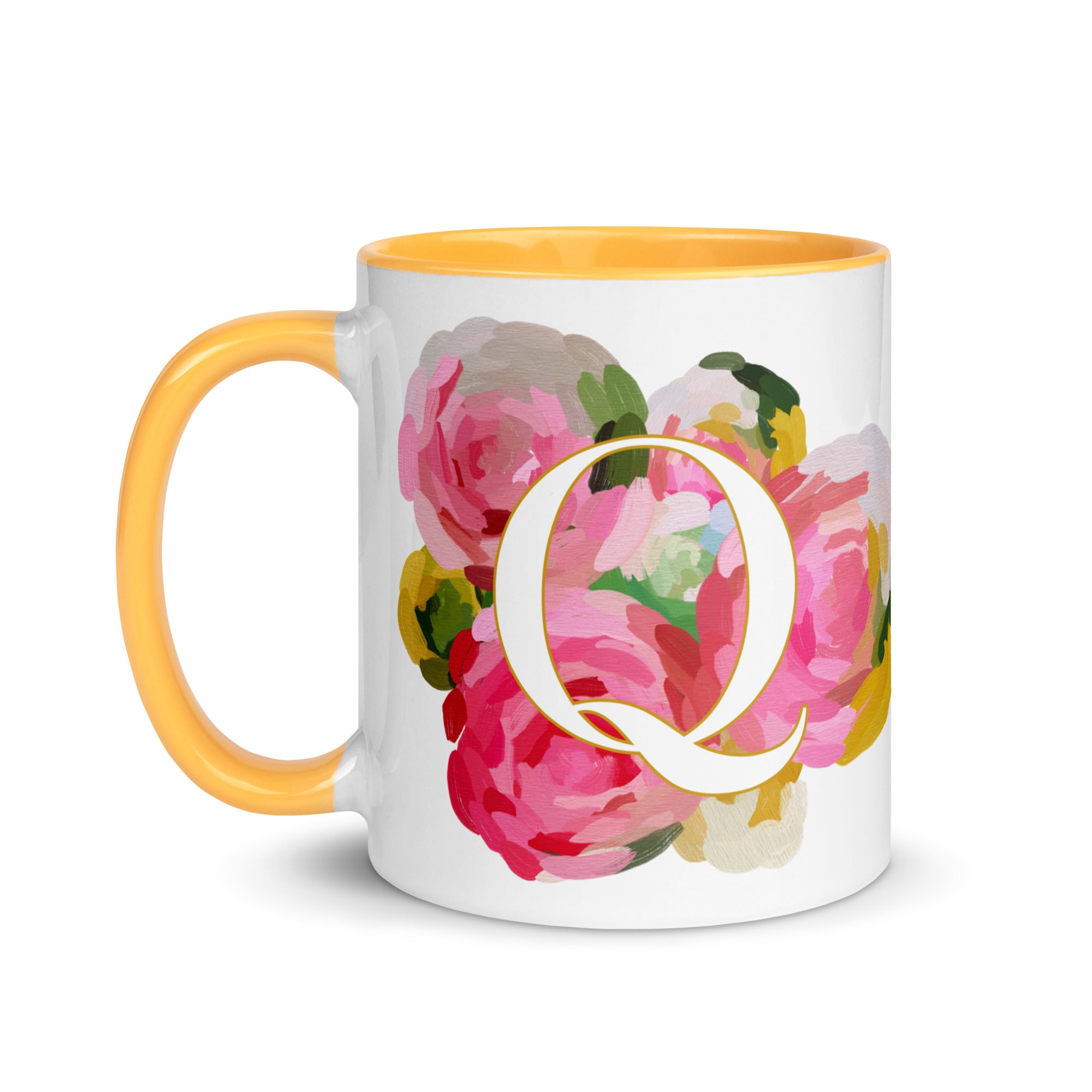 Pink Flowers Monogram Ceramic Mug - Letter Q - Pretty coffee and tea mug for flower lovers. Yellow colored on the inside and the handle. Art by Parima Studio. Chic floral mug