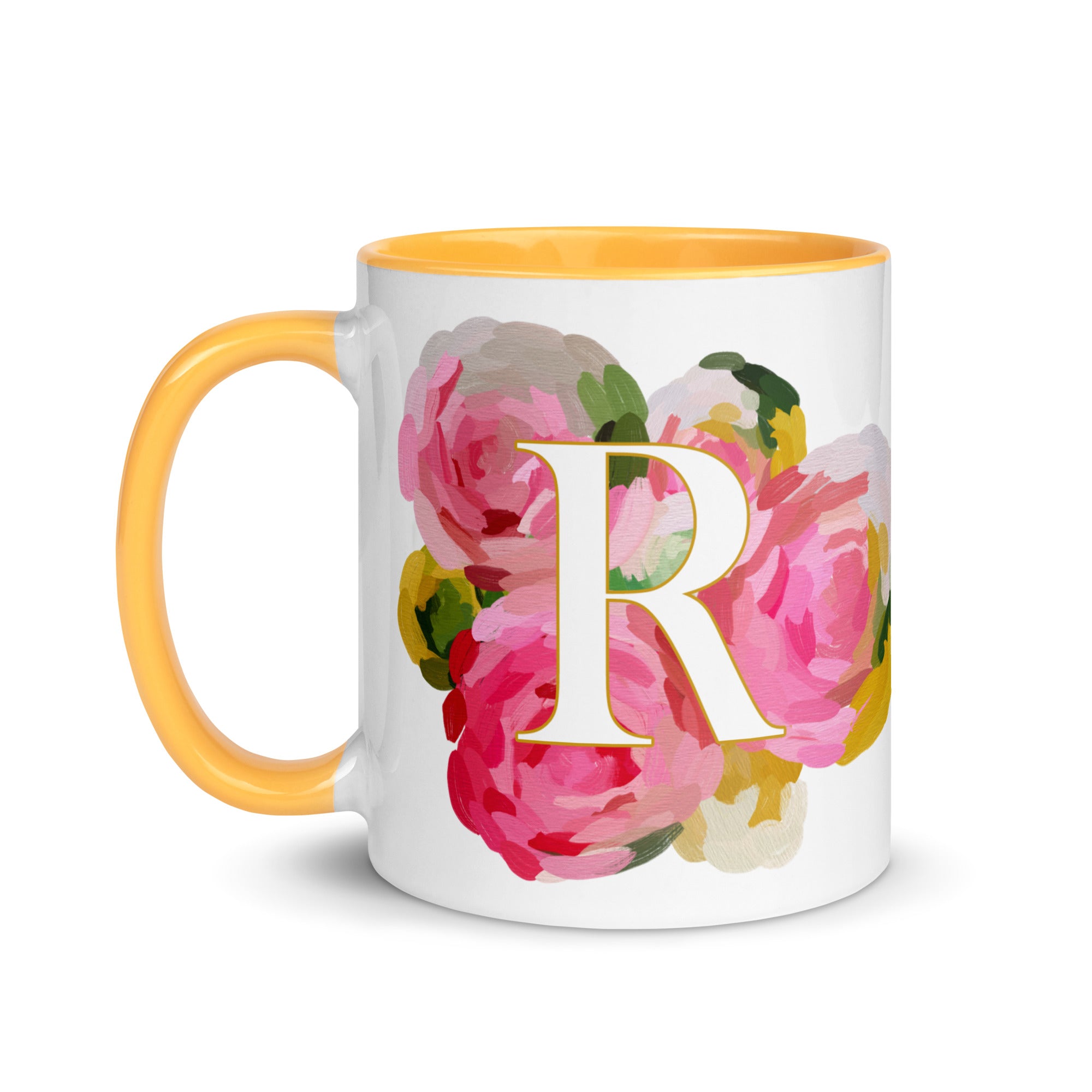 Pink Flowers Monogram Ceramic Mug - Letter R - Pretty coffee and tea mug for flower lovers. Yellow colored on the inside and the handle. Art by Parima Studio. Chic floral mug