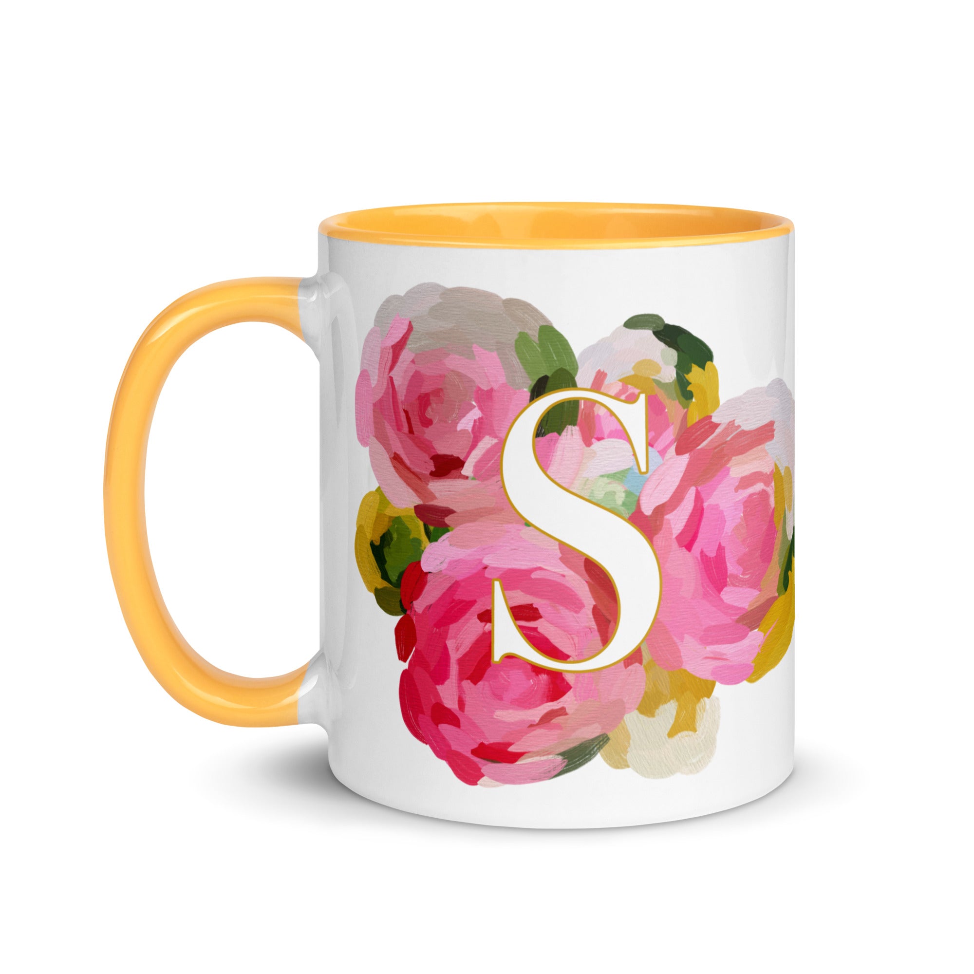 Pink Flowers Monogram Ceramic Mug - Letter S - Pretty coffee and tea mug for flower lovers. Yellow colored on the inside and the handle. Art by Parima Studio. Chic floral mug