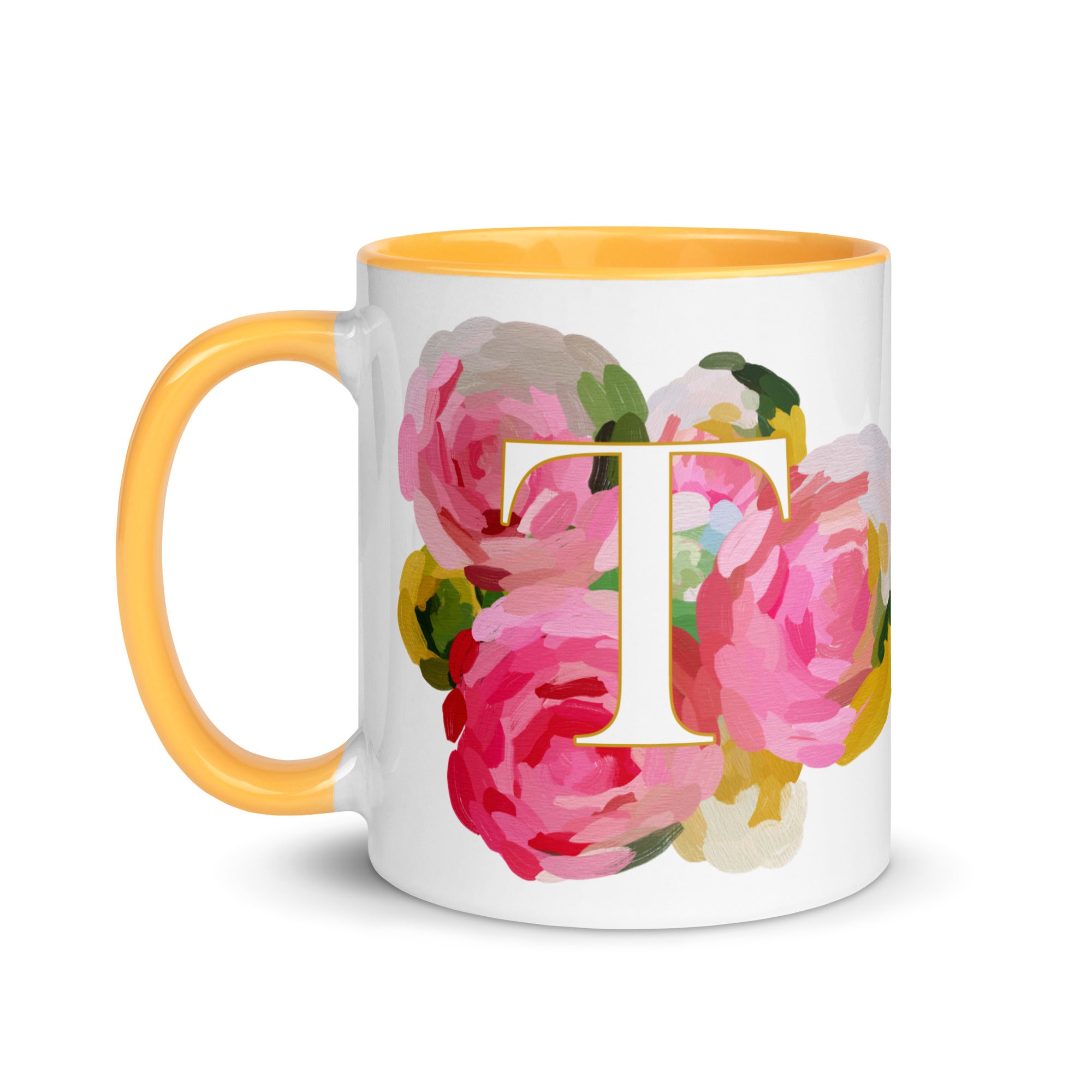 Pink Flowers Monogram Ceramic Mug - Letter T - Pretty coffee and tea mug for flower lovers. Yellow colored on the inside and the handle. Art by Parima Studio. Chic floral mug