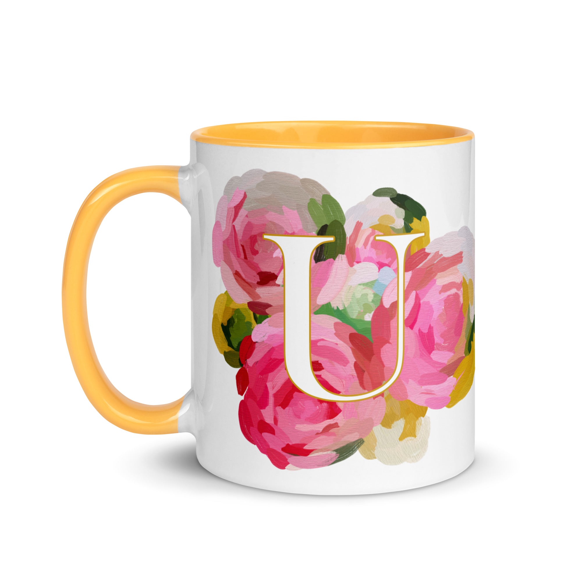 Pink Flowers Monogram Ceramic Mug - Letter U - Pretty coffee and tea mug for flower lovers. Yellow colored on the inside and the handle. Art by Parima Studio. Chic floral mug