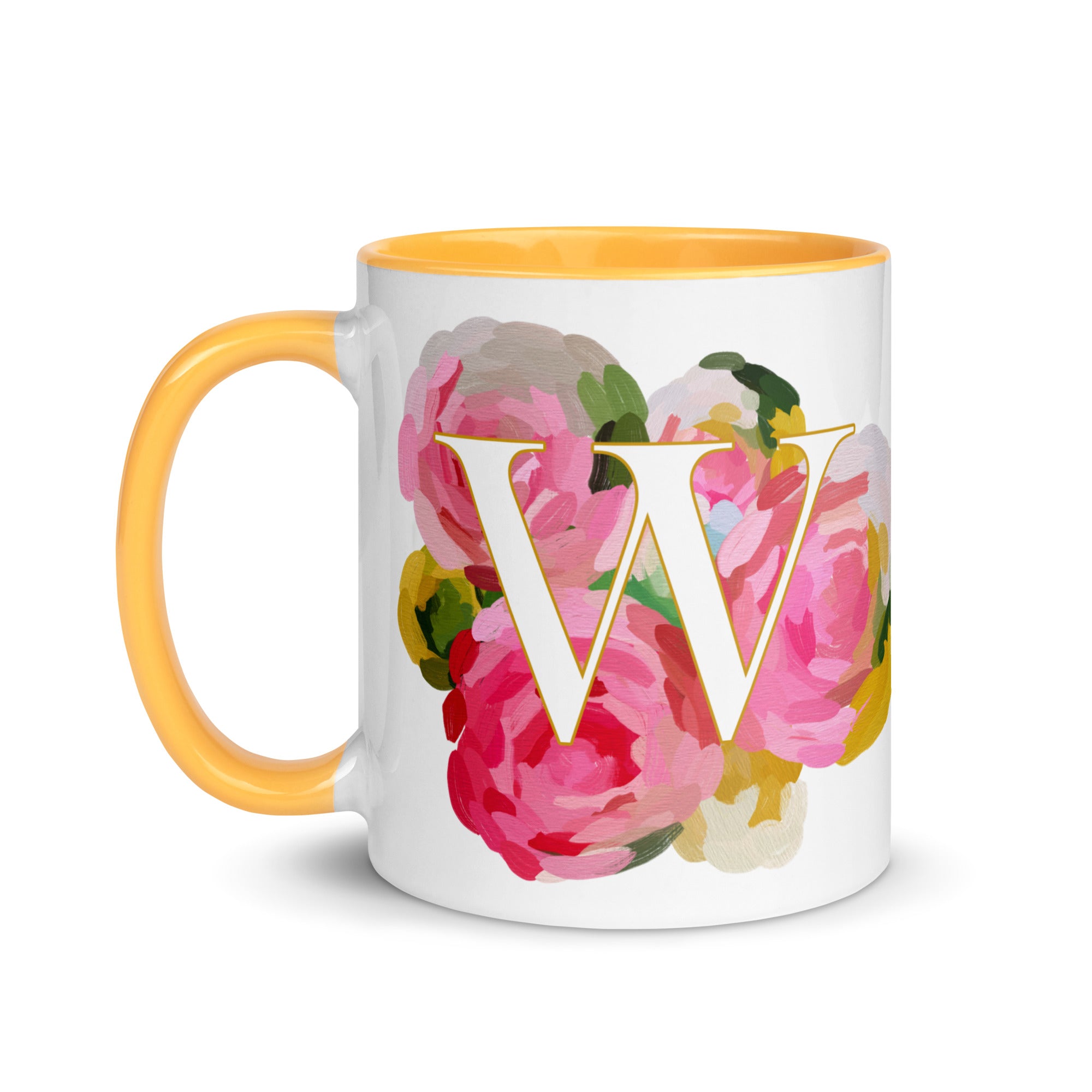 Pink Flowers Monogram Ceramic Mug - Letter W - Pretty coffee and tea mug for flower lovers. Yellow colored on the inside and the handle. Art by Parima Studio. Chic floral mug