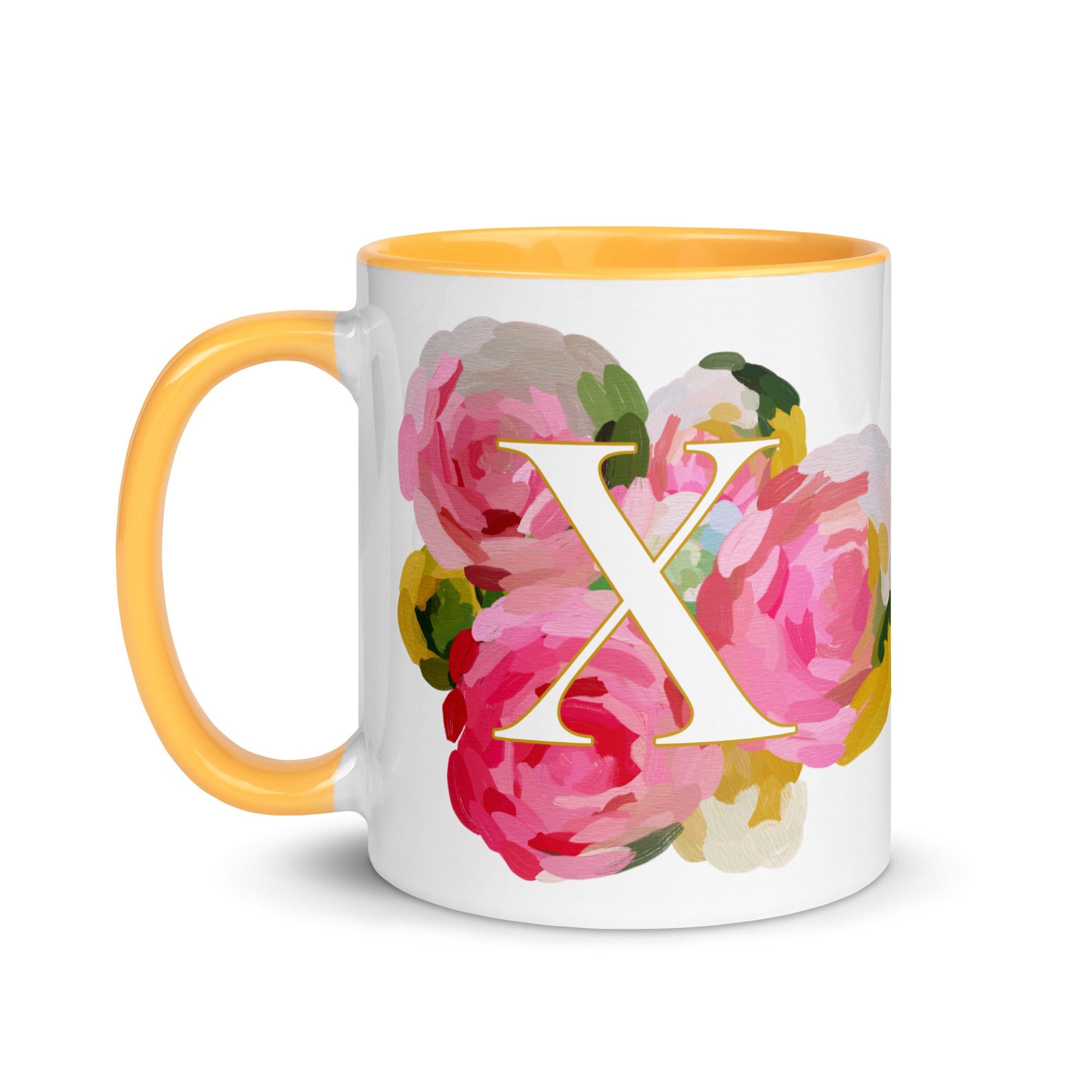 Pink Flowers Monogram Ceramic Mug - Letter X - Pretty coffee and tea mug for flower lovers. Yellow colored on the inside and the handle. Art by Parima Studio. Chic floral mug