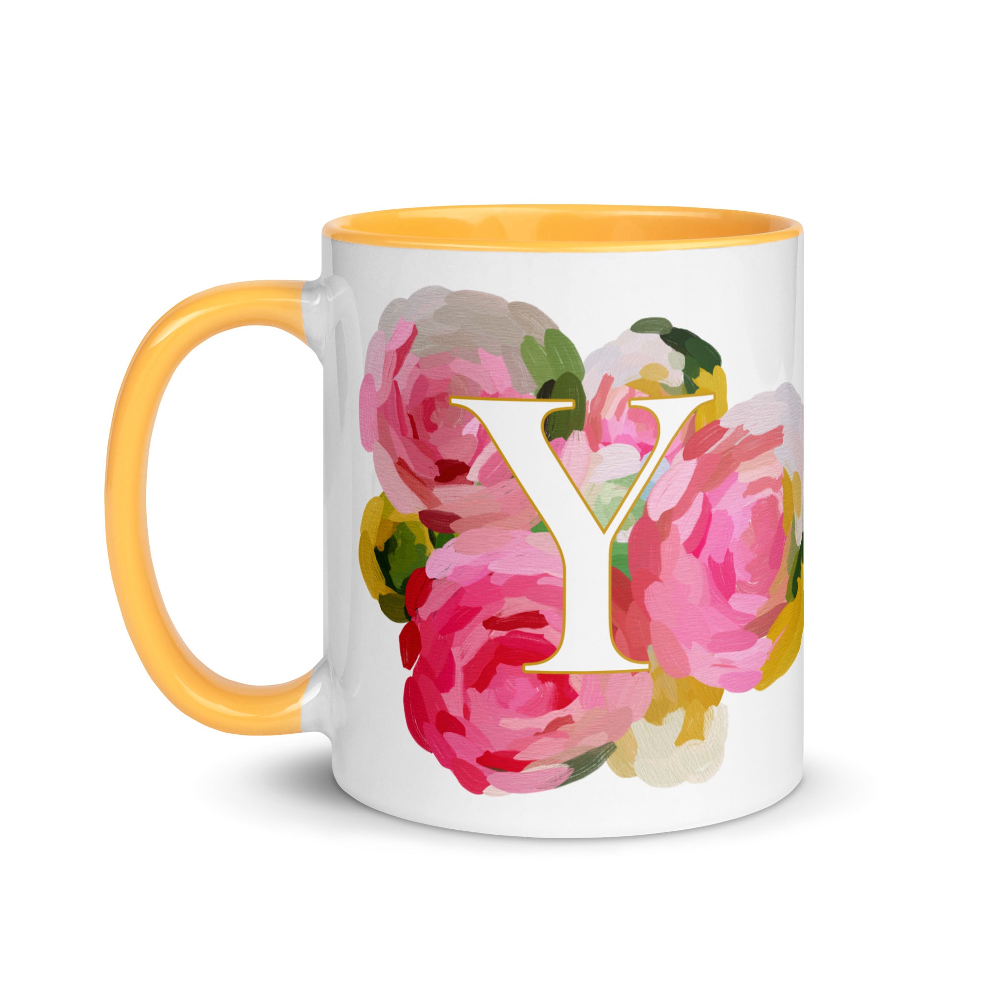 Pink Flowers Monogram Ceramic Mug - Letter Y - Pretty coffee and tea mug for flower lovers. Yellow colored on the inside and the handle. Art by Parima Studio. Chic floral mug