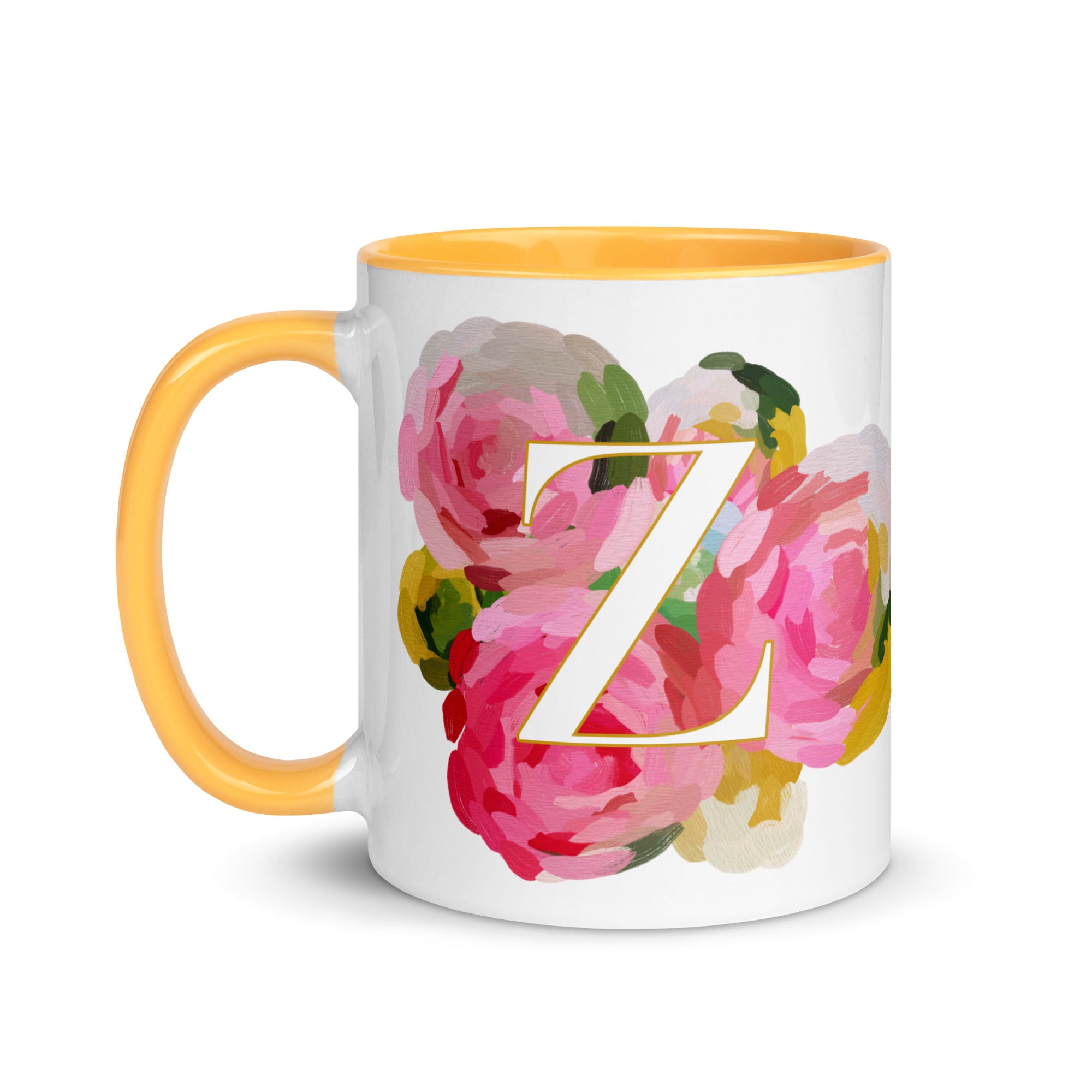 Pink Flowers Monogram Ceramic Mug - Letter Y - Pretty coffee and tea mug for flower lovers. Yellow colored on the inside and the handle. Art by Parima Studio. Chic floral mug