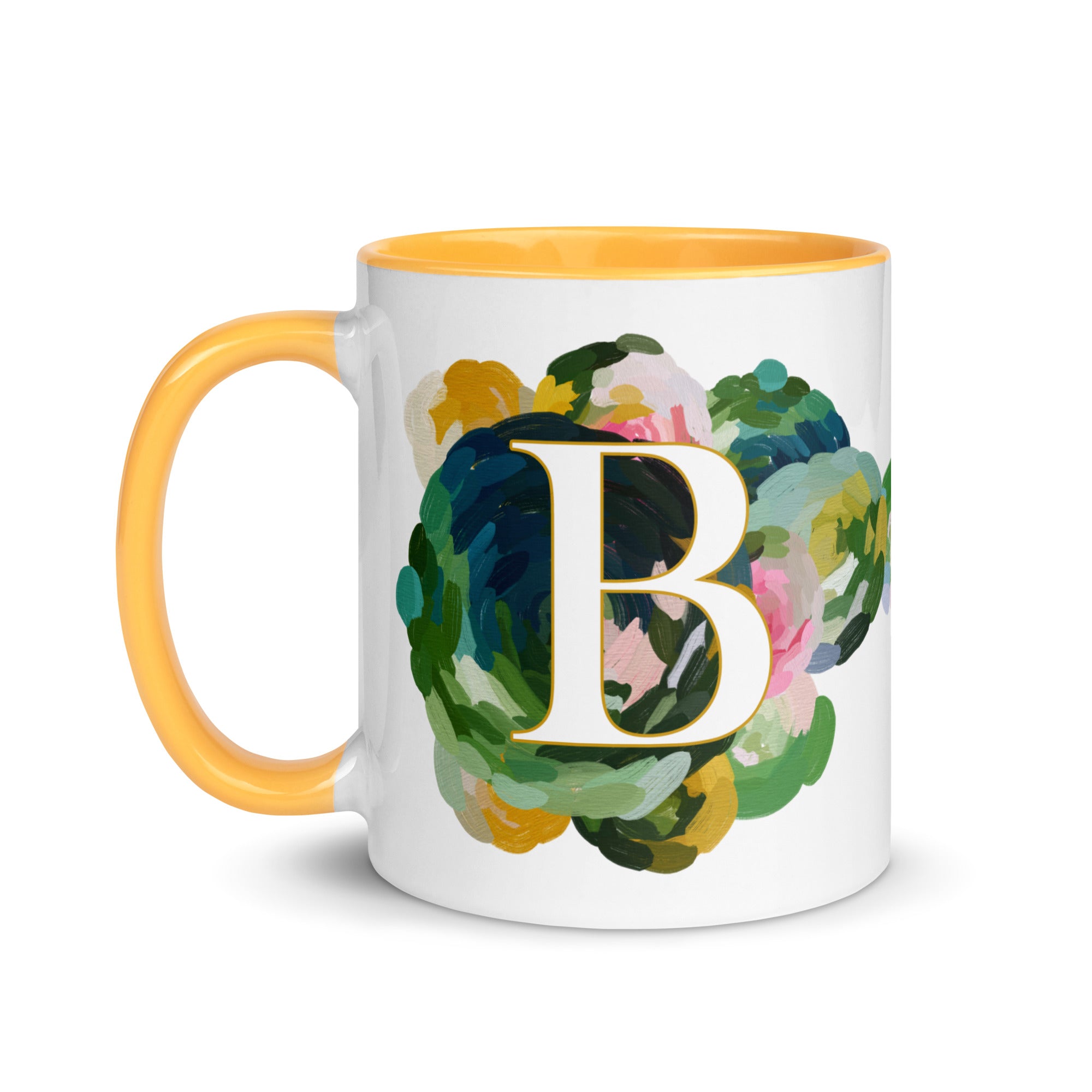 Blue Flowers Monogram Ceramic Mug - Letter B - Pretty coffee and tea mug for flower lovers. Yellow colored on the inside and the handle. Art by Parima Studio. Chic floral mug