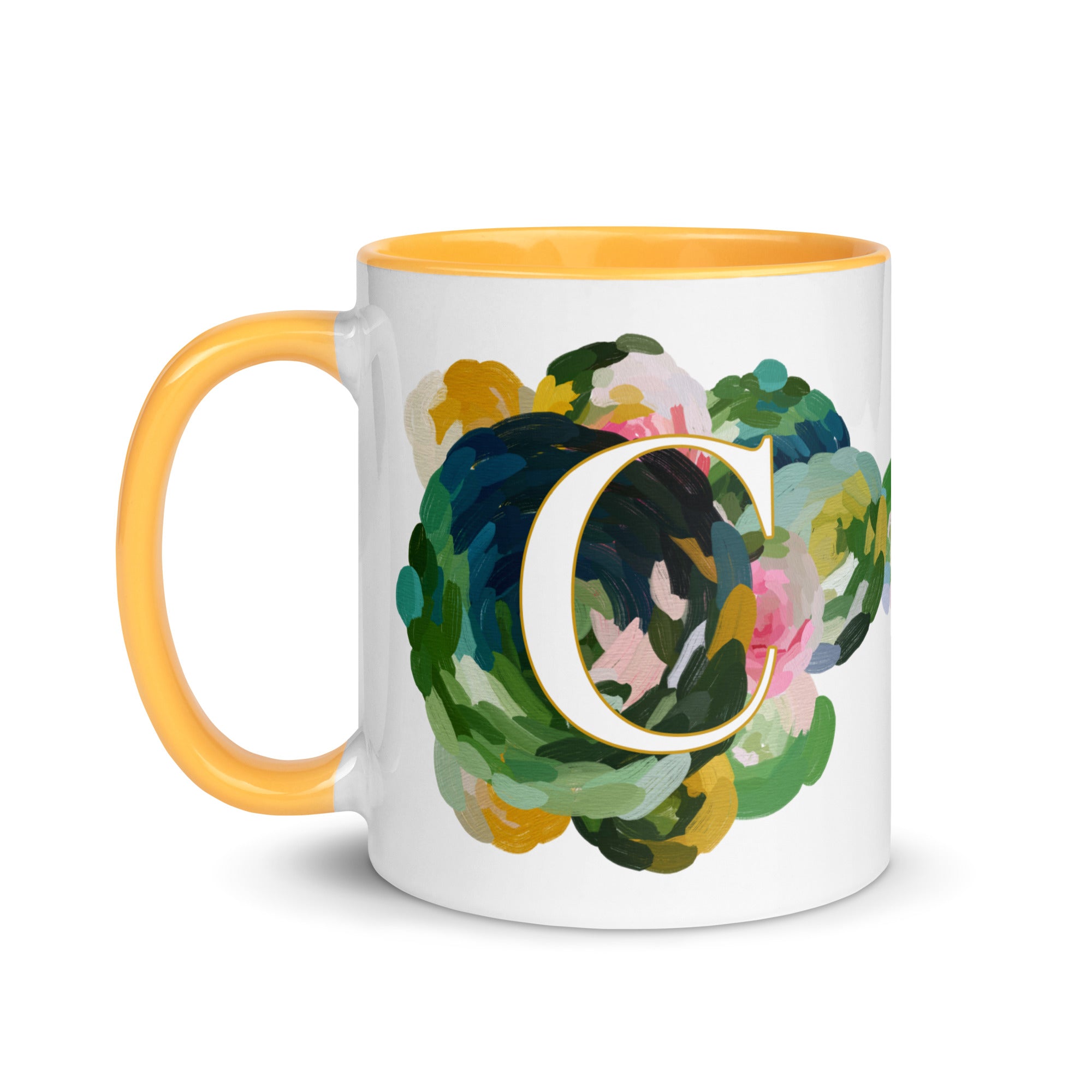Blue Flowers Monogram Ceramic Mug - Letter C - Pretty coffee and tea mug for flower lovers. Yellow colored on the inside and the handle. Art by Parima Studio. Chic floral mug