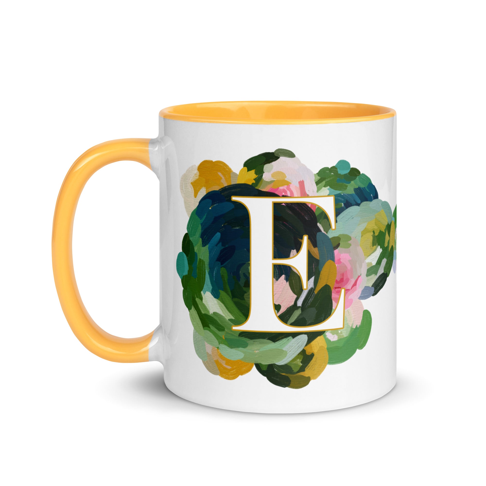 Blue Flowers Monogram Ceramic Mug - Letter E - Pretty coffee and tea mug for flower lovers. Yellow colored on the inside and the handle. Art by Parima Studio. Chic floral mug