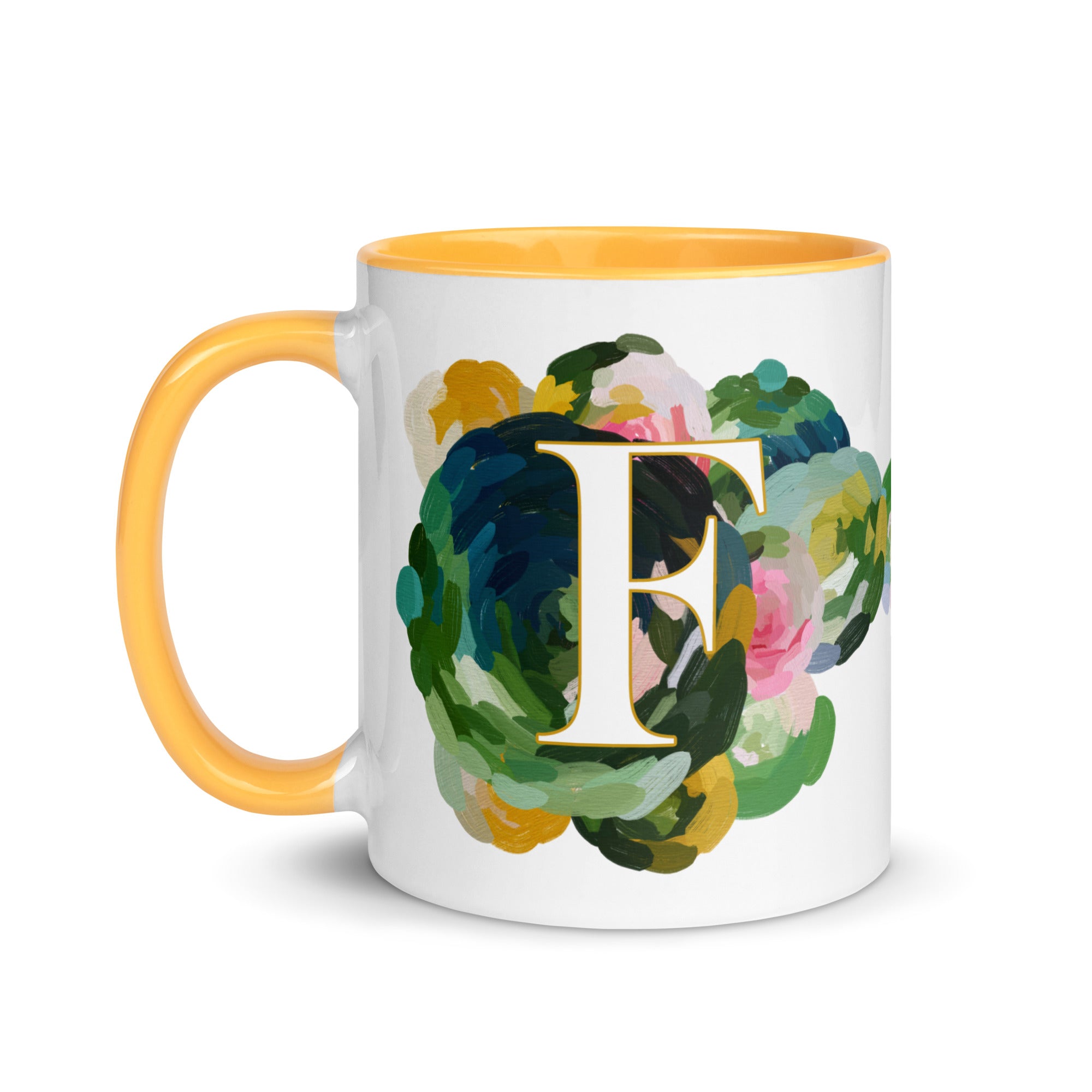 Blue Flowers Monogram Ceramic Mug - Letter F - Pretty coffee and tea mug for flower lovers. Yellow colored on the inside and the handle. Art by Parima Studio. Chic floral mug
