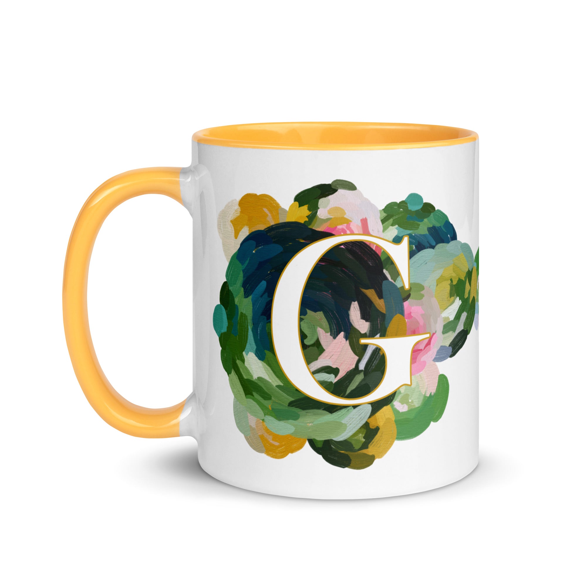 Blue Flowers Monogram Ceramic Mug - Letter G - Pretty coffee and tea mug for flower lovers. Yellow colored on the inside and the handle. Art by Parima Studio. Chic floral mug