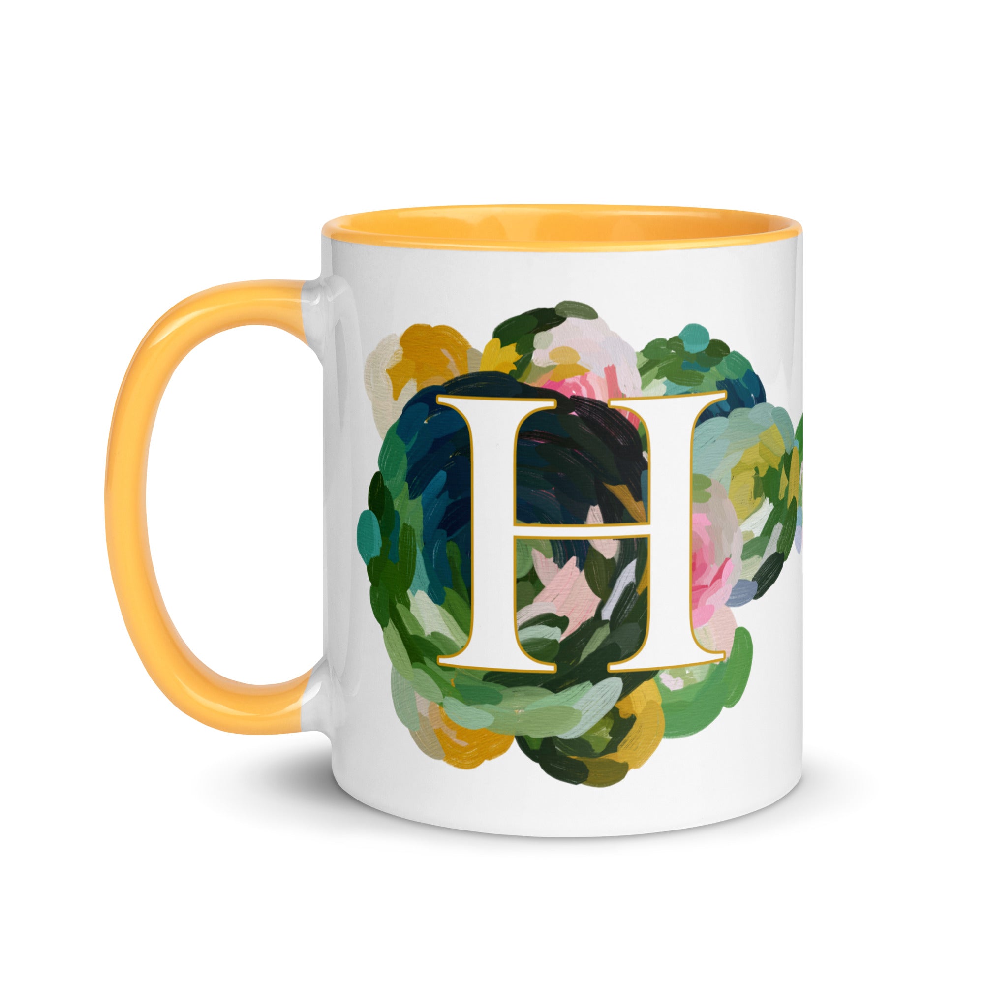 Blue Flowers Monogram Ceramic Mug - Letter H - Pretty coffee and tea mug for flower lovers. Yellow colored on the inside and the handle. Art by Parima Studio. Chic floral mug