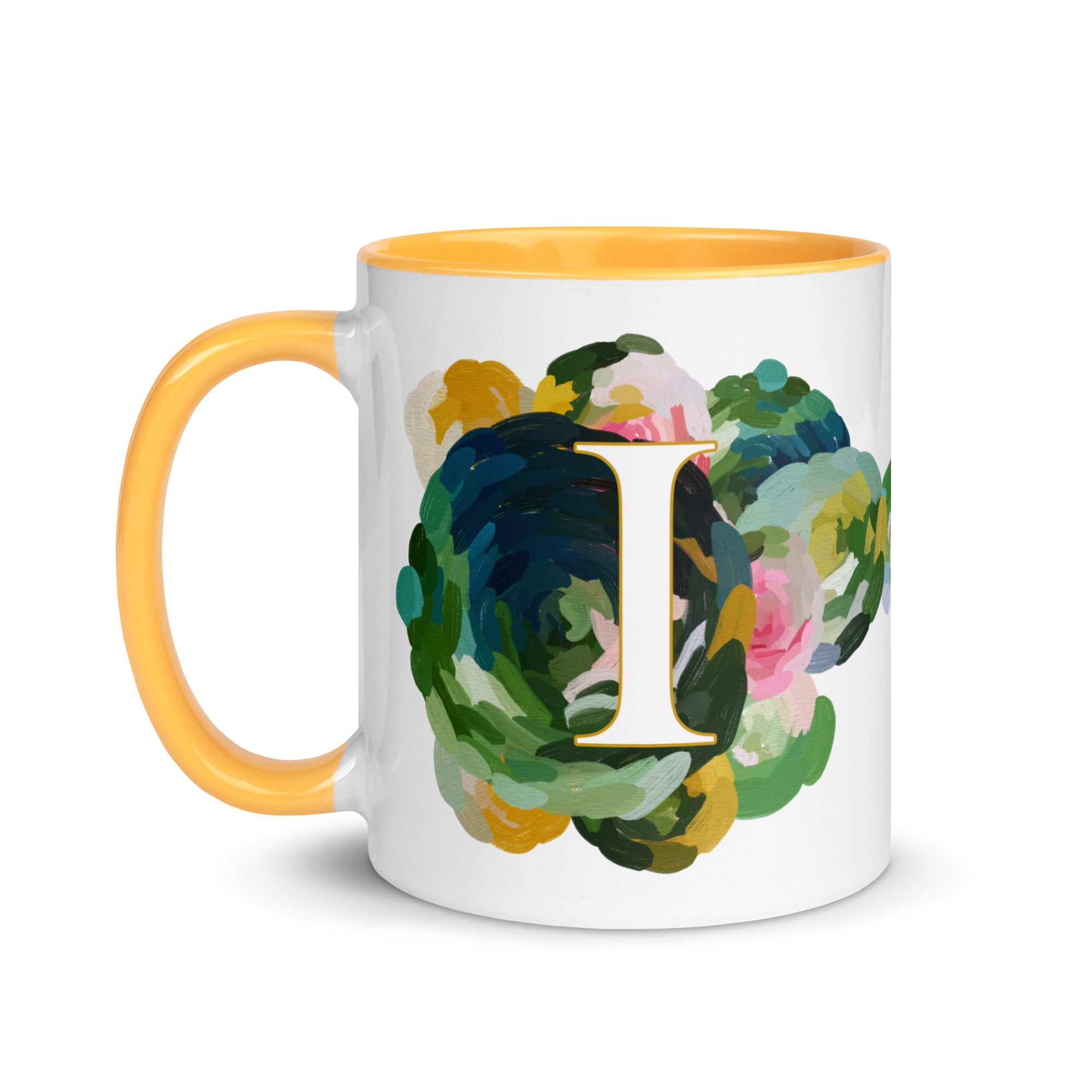 Blue Flowers Monogram Ceramic Mug - Letter I - Pretty coffee and tea mug for flower lovers. Yellow colored on the inside and the handle. Art by Parima Studio. Chic floral mug