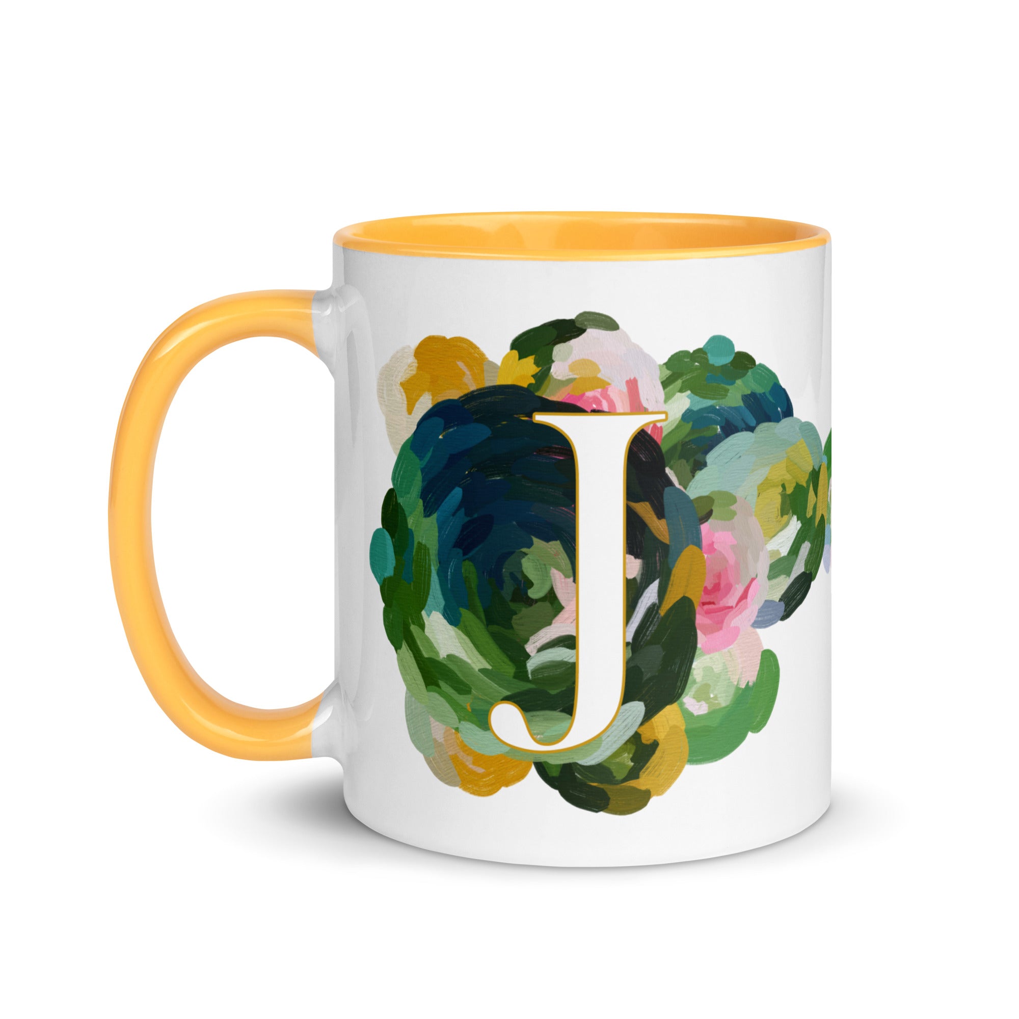 Blue Flowers Monogram Ceramic Mug - Letter J - Pretty coffee and tea mug for flower lovers. Yellow colored on the inside and the handle. Art by Parima Studio. Chic floral mug