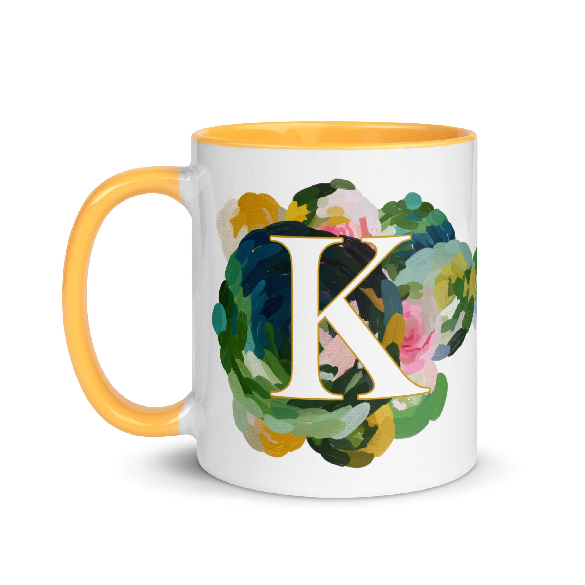 Blue Flowers Monogram Ceramic Mug - Letter K - Pretty coffee and tea mug for flower lovers. Yellow colored on the inside and the handle. Art by Parima Studio. Chic floral mug