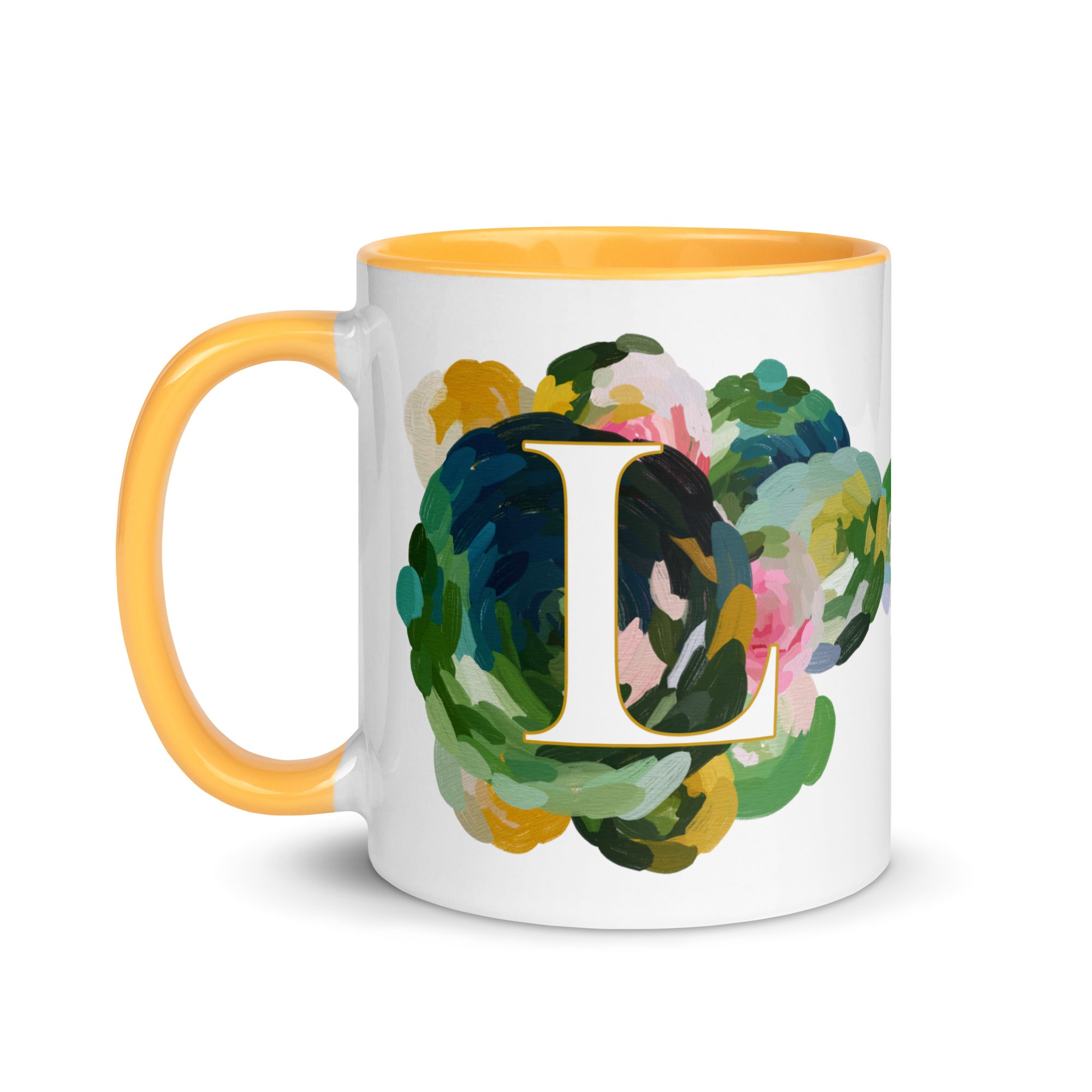 Blue Flowers Monogram Ceramic Mug - Letter L - Pretty coffee and tea mug for flower lovers. Yellow colored on the inside and the handle. Art by Parima Studio. Chic floral mug