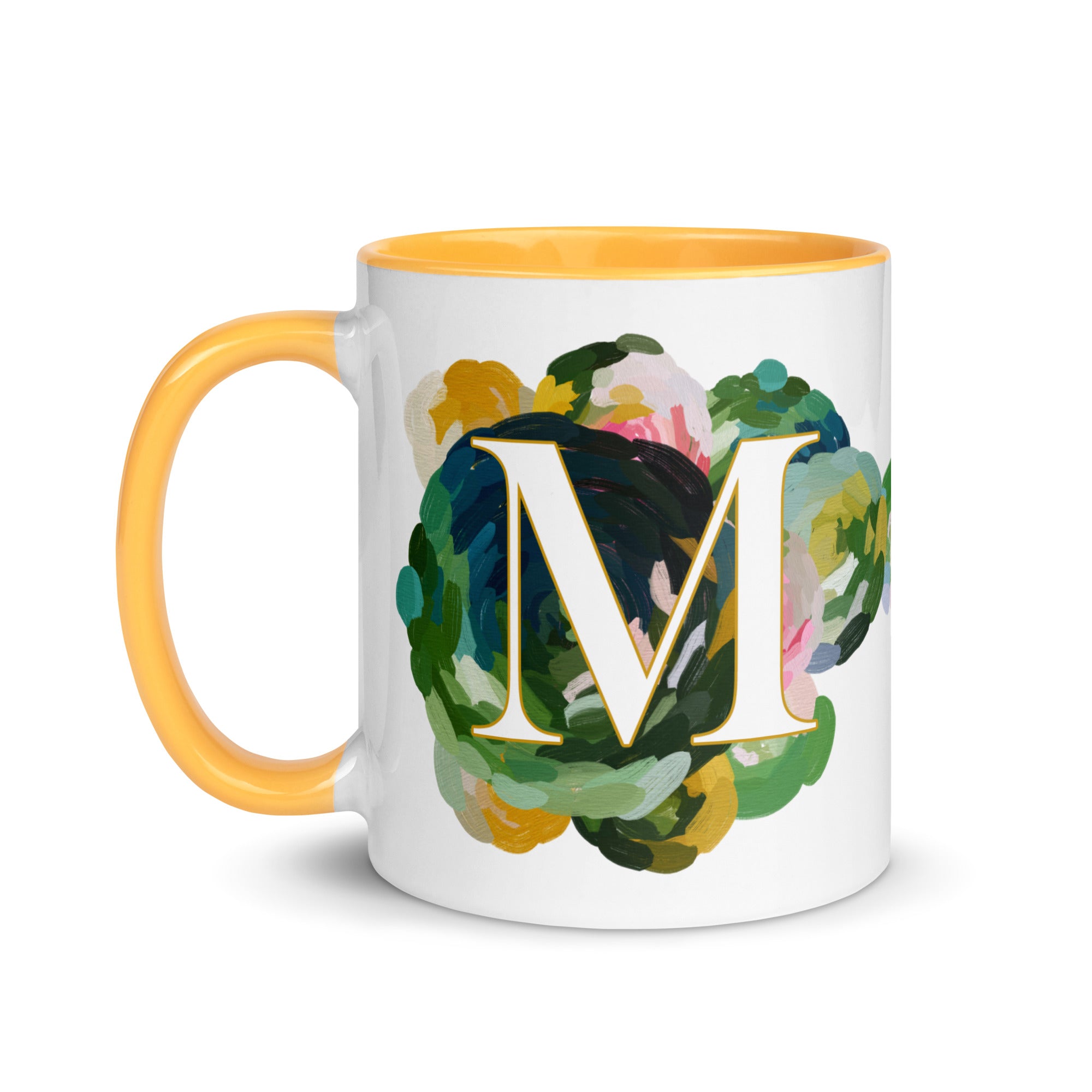 Blue Flowers Monogram Ceramic Mug - Letter M - Pretty coffee and tea mug for flower lovers. Yellow colored on the inside and the handle. Art by Parima Studio. Chic floral mug