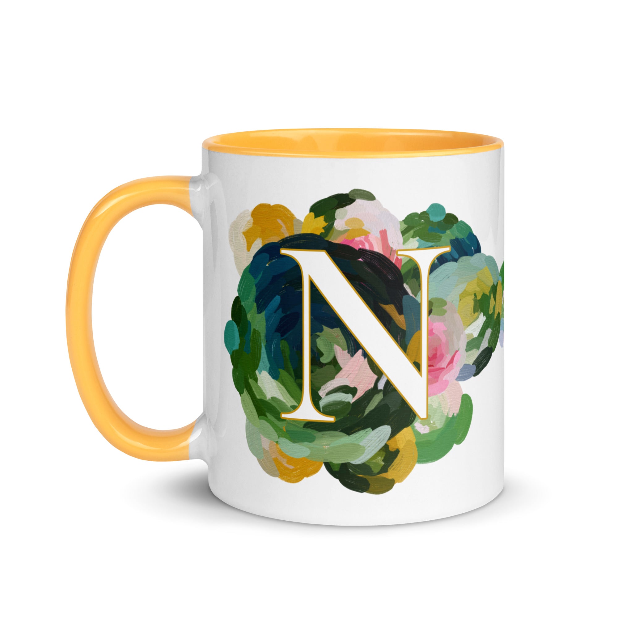 Blue Flowers Monogram Ceramic Mug - Letter N - Pretty coffee and tea mug for flower lovers. Yellow colored on the inside and the handle. Art by Parima Studio. Chic floral mug