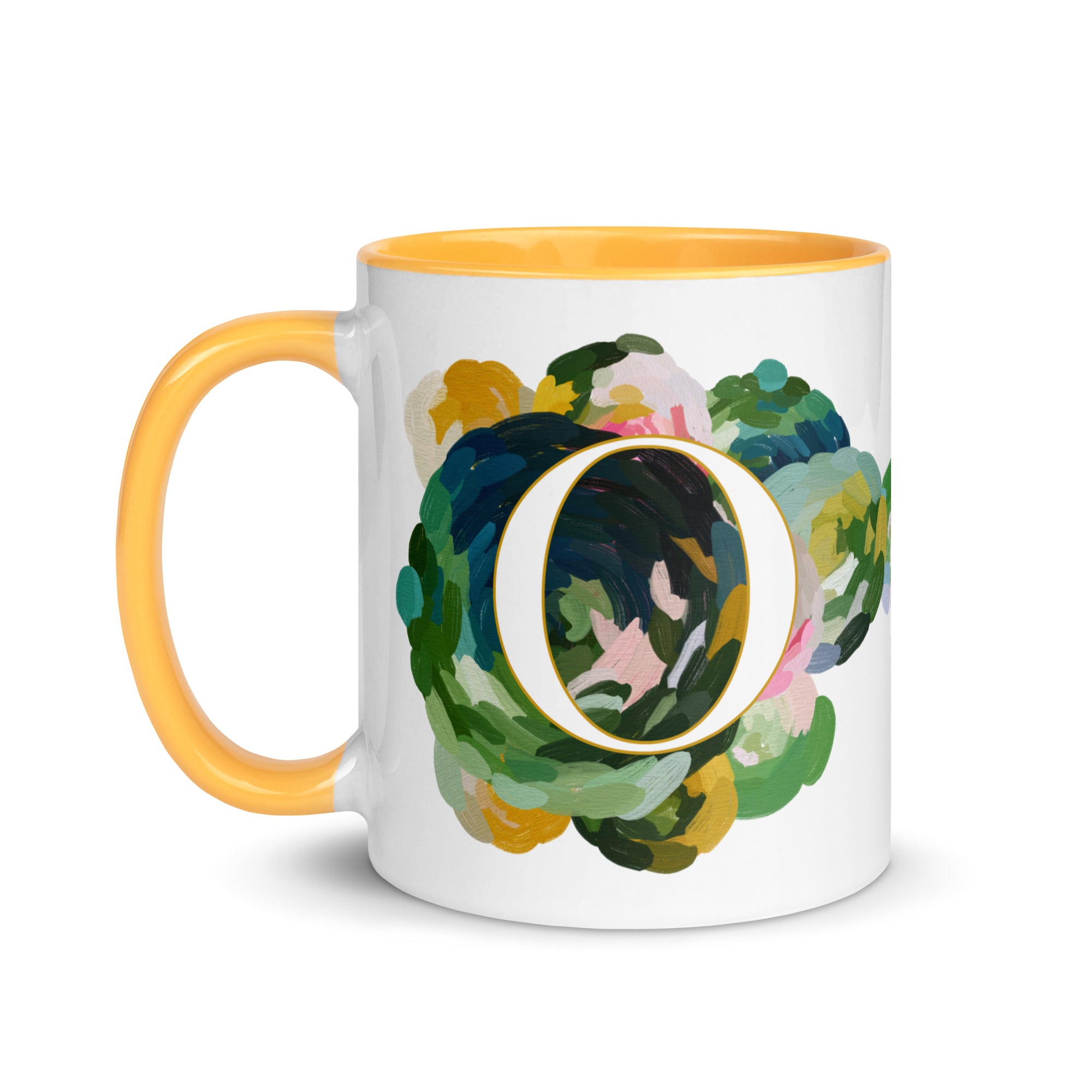 Blue Flowers Monogram Ceramic Mug - Letter O - Pretty coffee and tea mug for flower lovers. Yellow colored on the inside and the handle. Art by Parima Studio. Chic floral mug