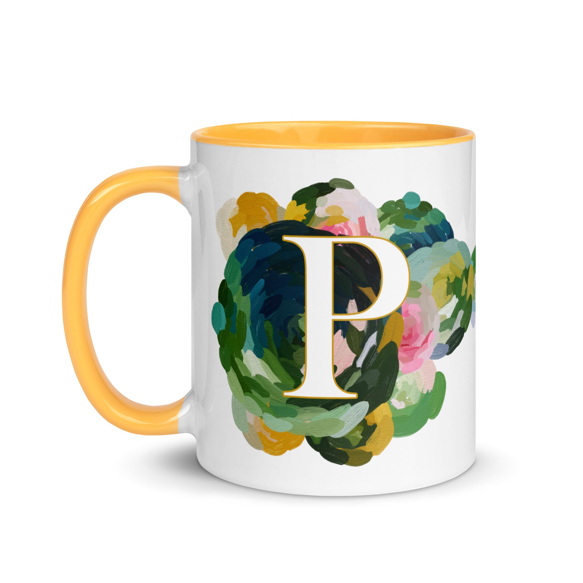 Blue Flowers Monogram Ceramic Mug - Letter P - Pretty coffee and tea mug for flower lovers. Yellow colored on the inside and the handle. Art by Parima Studio. Chic floral mug