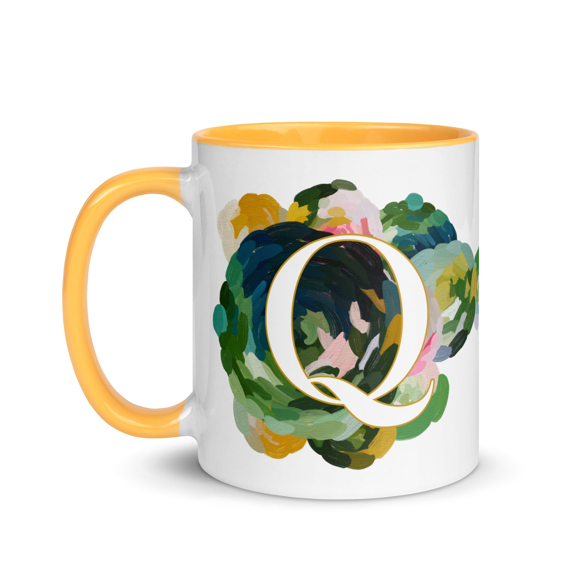 Blue Flowers Monogram Ceramic Mug - Letter Q - Pretty coffee and tea mug for flower lovers. Yellow colored on the inside and the handle. Art by Parima Studio. Chic floral mug