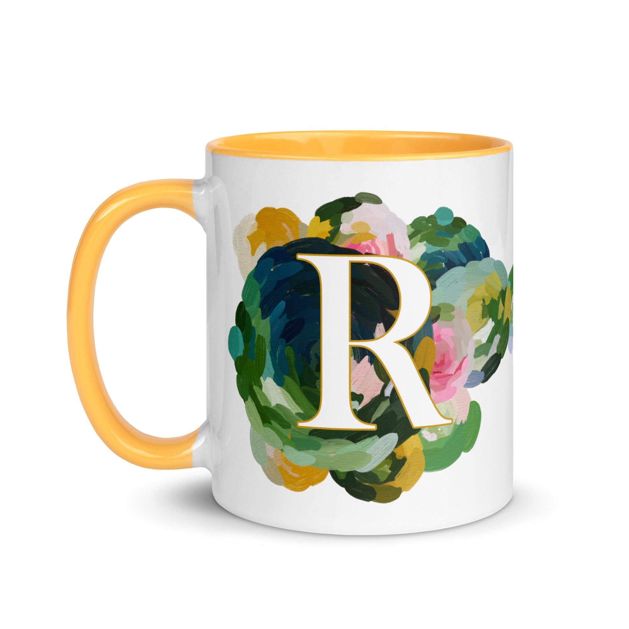 Blue Flowers Monogram Ceramic Mug - Letter R - Pretty coffee and tea mug for flower lovers. Yellow colored on the inside and the handle. Art by Parima Studio. Chic floral mug