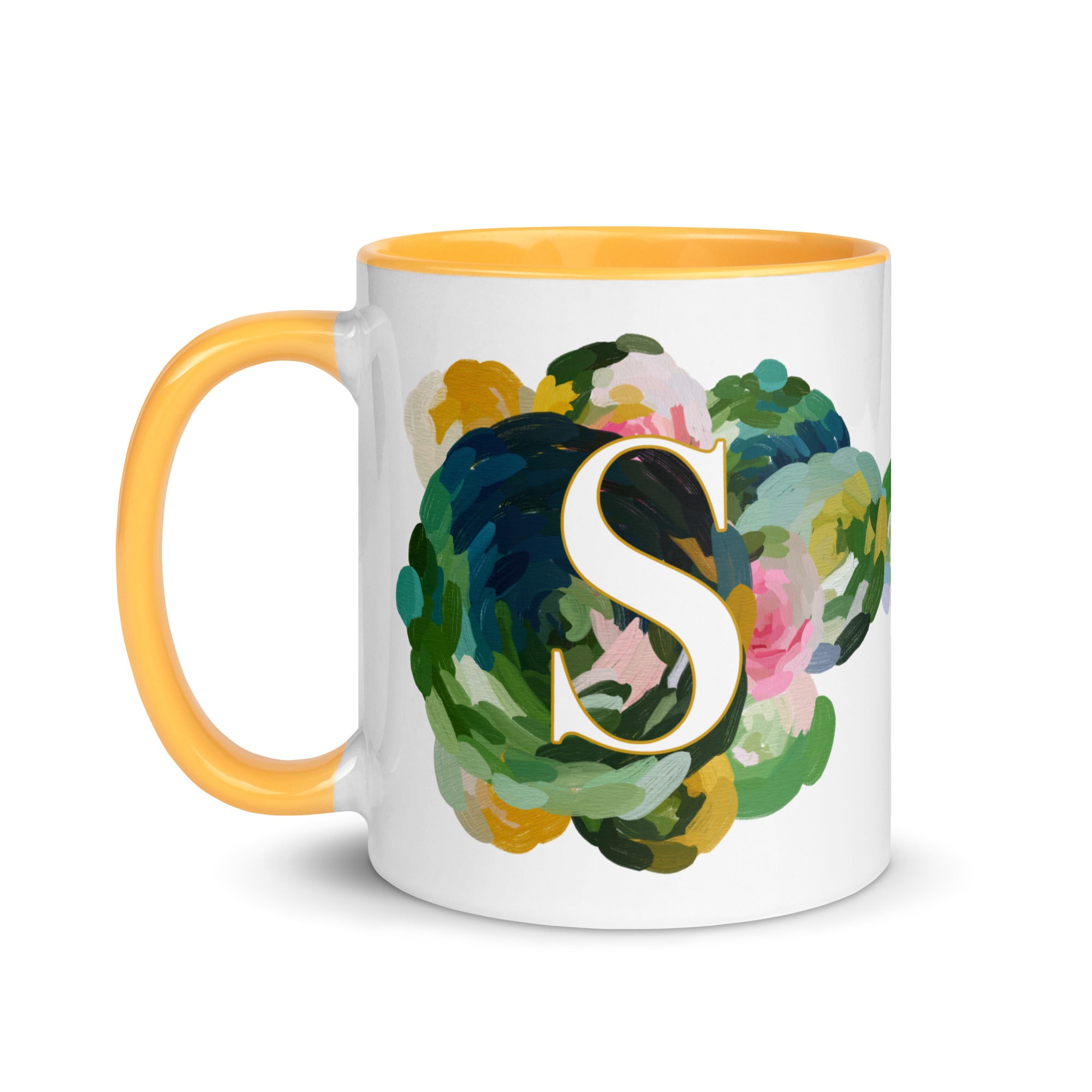 Blue Flowers Monogram Ceramic Mug - Letter S - Pretty coffee and tea mug for flower lovers. Yellow colored on the inside and the handle. Art by Parima Studio. Chic floral mug