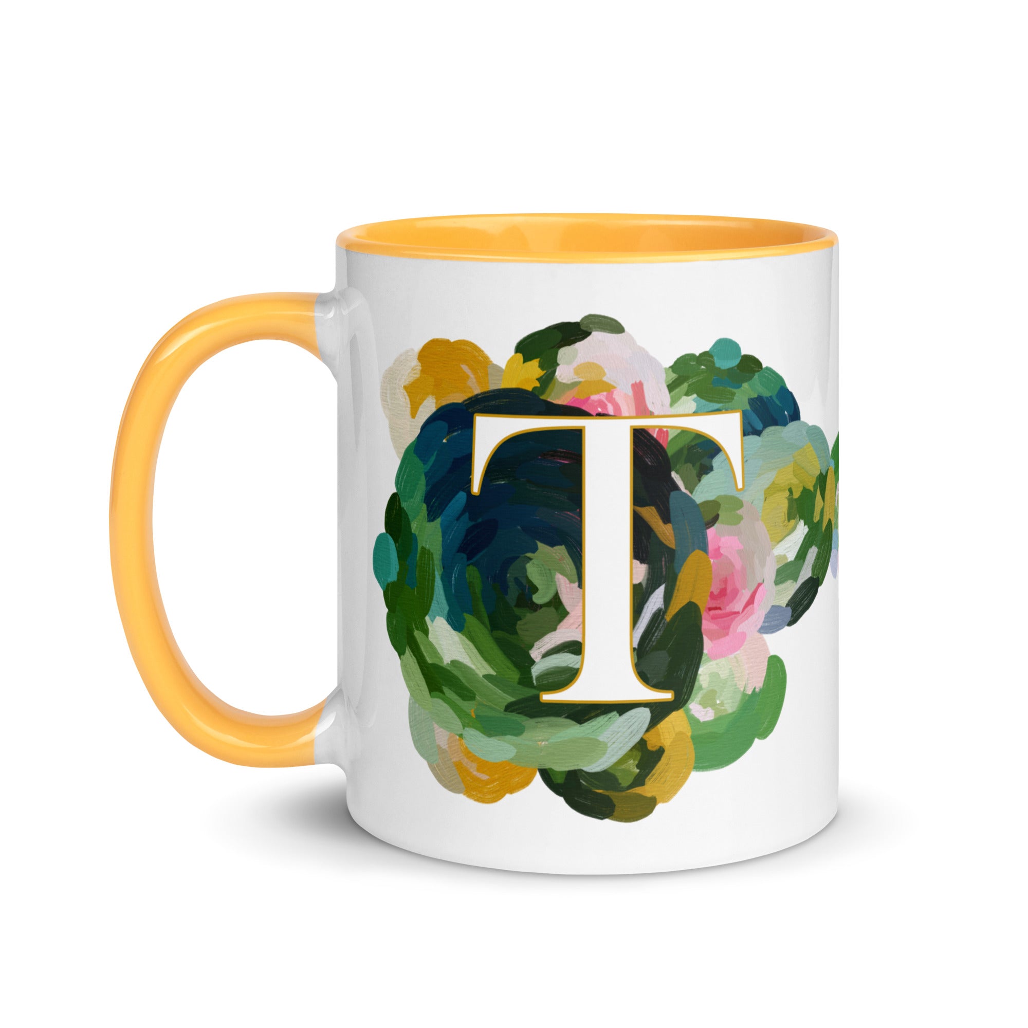 Blue Flowers Monogram Ceramic Mug - Letter T - Pretty coffee and tea mug for flower lovers. Yellow colored on the inside and the handle. Art by Parima Studio. Chic floral mug