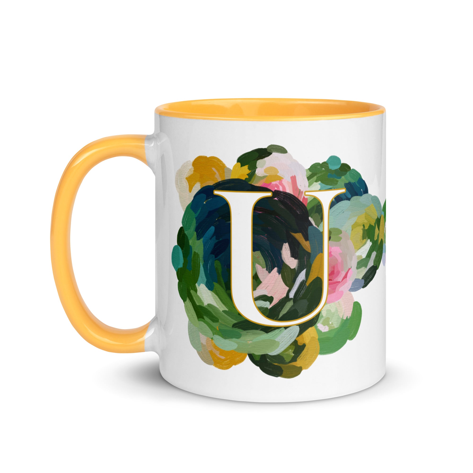 Blue Flowers Monogram Ceramic Mug - Letter U - Pretty coffee and tea mug for flower lovers. Yellow colored on the inside and the handle. Art by Parima Studio. Chic floral mug