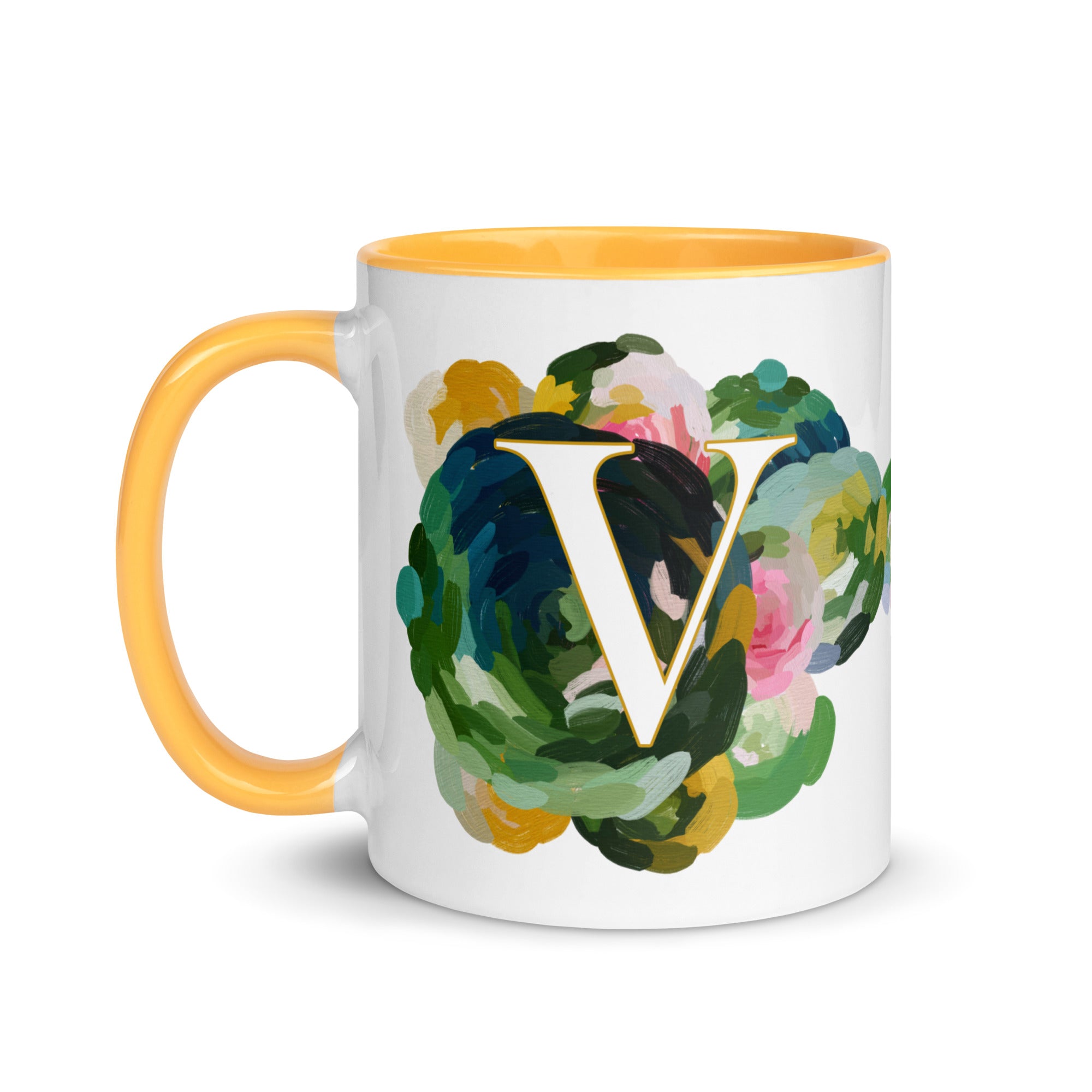 Blue Flowers Monogram Ceramic Mug - Letter V - Pretty coffee and tea mug for flower lovers. Yellow colored on the inside and the handle. Art by Parima Studio. Chic floral mug