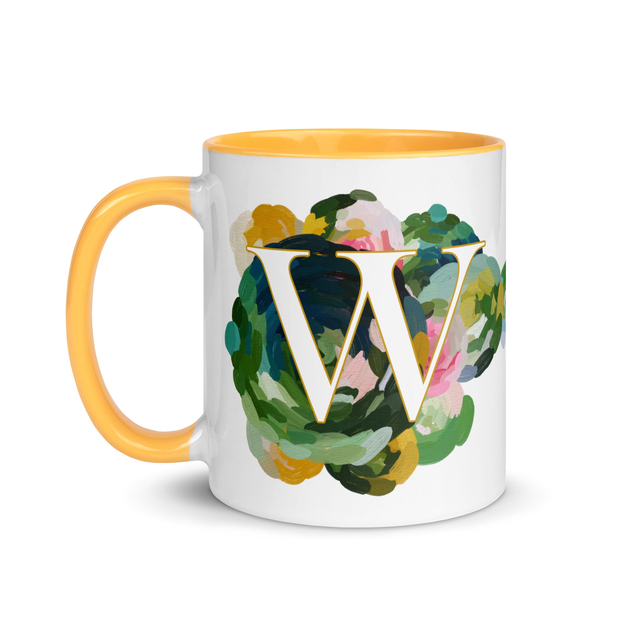 Blue Flowers Monogram Ceramic Mug - LetterW - Pretty coffee and tea mug for flower lovers. Yellow colored on the inside and the handle. Art by Parima Studio. Chic floral mug