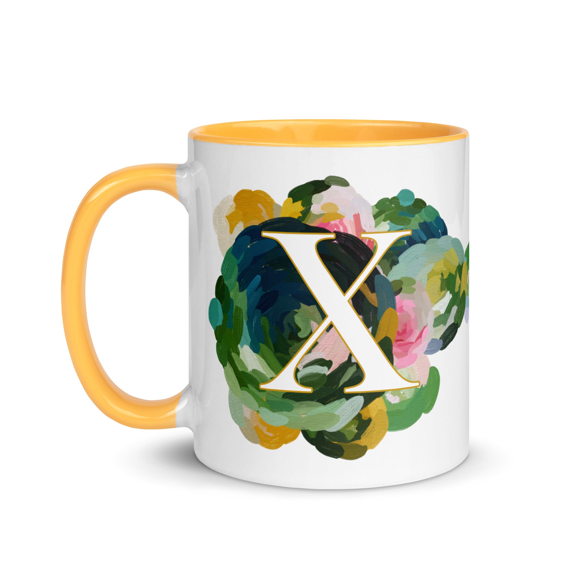 Blue Flowers Monogram Ceramic Mug - Letter X - Pretty coffee and tea mug for flower lovers. Yellow colored on the inside and the handle. Art by Parima Studio. Chic floral mug