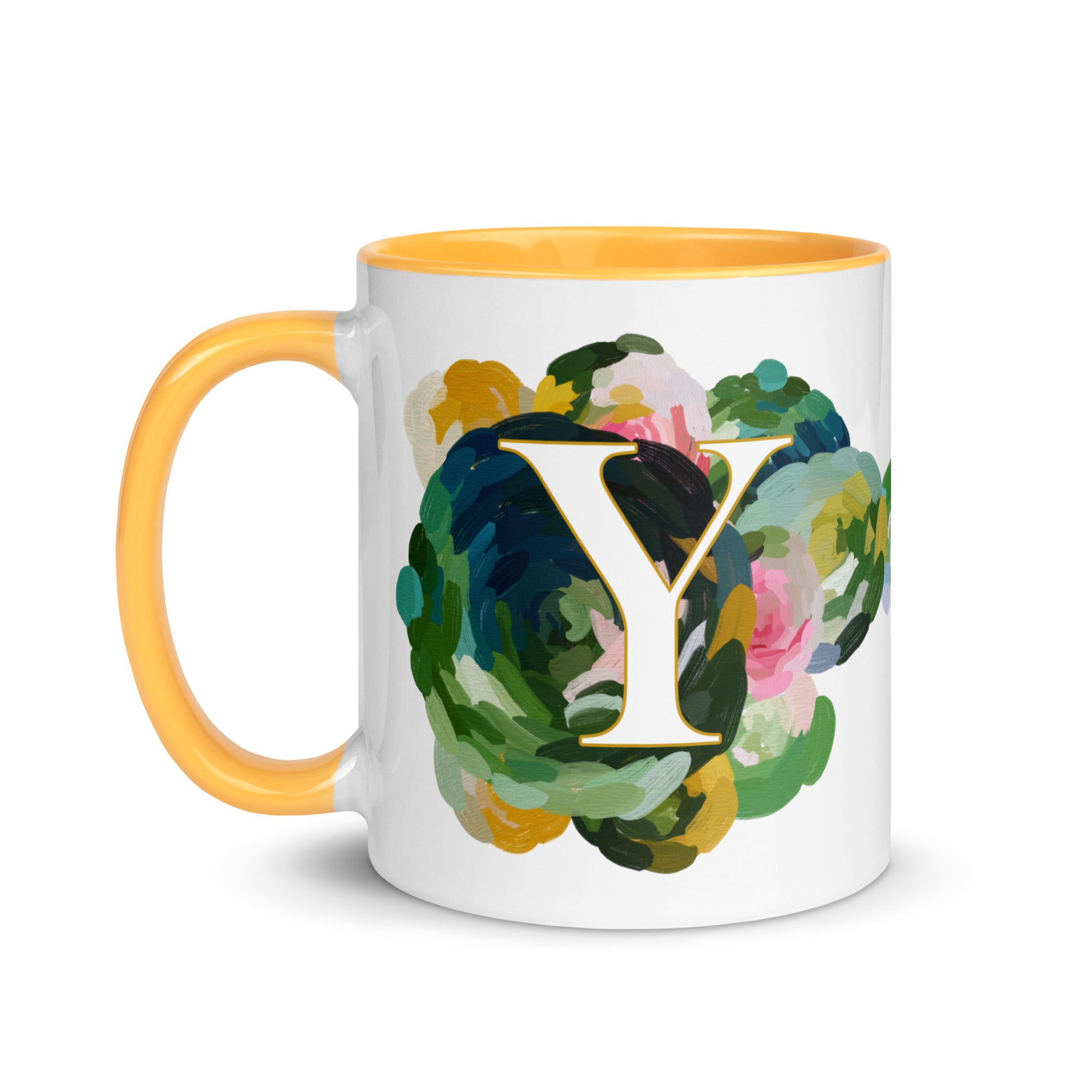 Blue Flowers Monogram Ceramic Mug - Letter Y - Pretty coffee and tea mug for flower lovers. Yellow colored on the inside and the handle. Art by Parima Studio. Chic floral mug