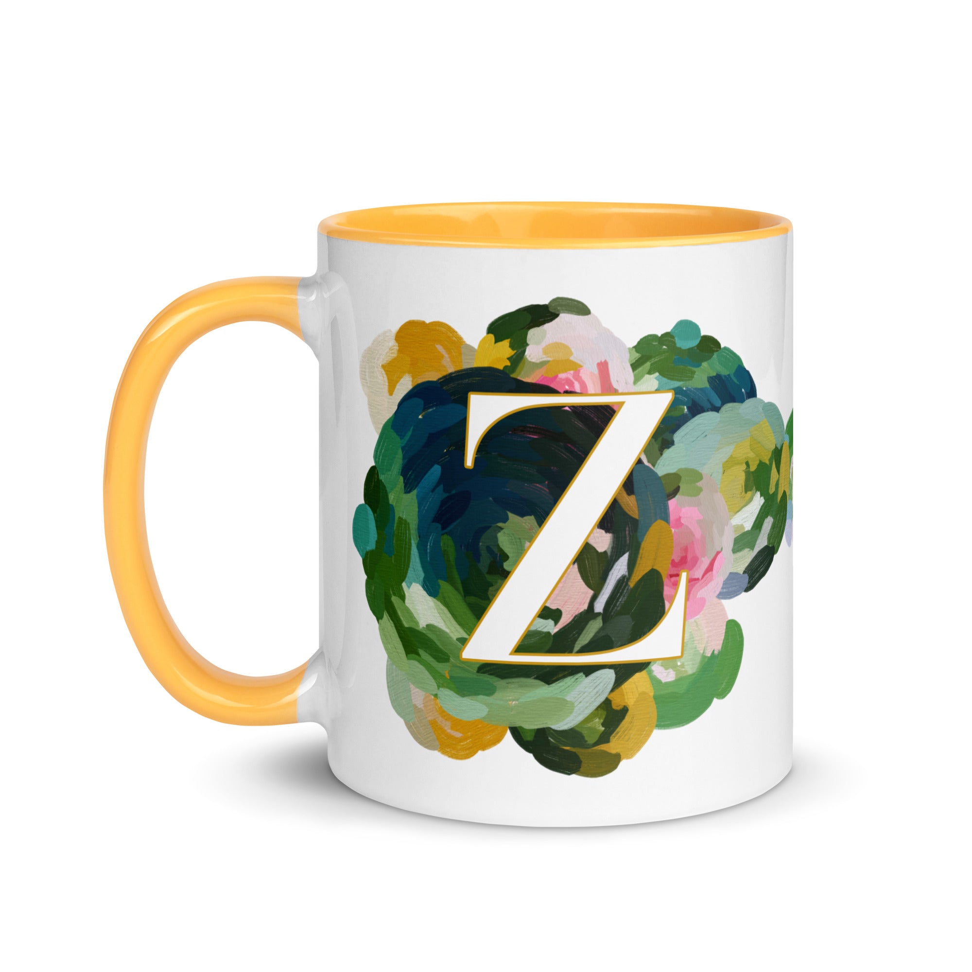 Blue Flowers Monogram Ceramic Mug - Letter Z - Pretty coffee and tea mug for flower lovers. Yellow colored on the inside and the handle. Art by Parima Studio. Chic floral mug