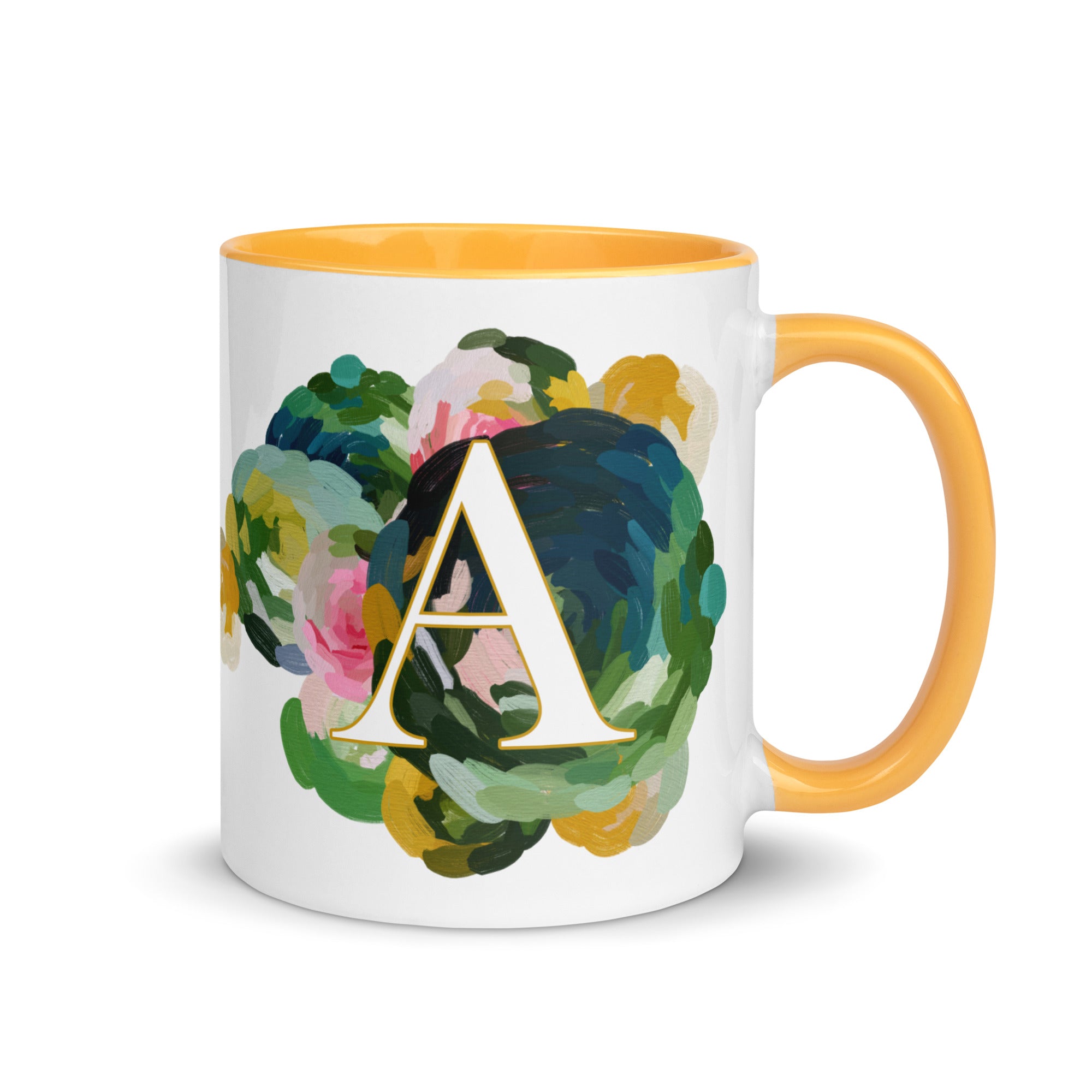 Blue Flowers Monogram Ceramic Mug - Letter A - Pretty coffee and tea mug for flower lovers. Yellow colored on the inside and the handle. Art by Parima Studio. Chic floral mug