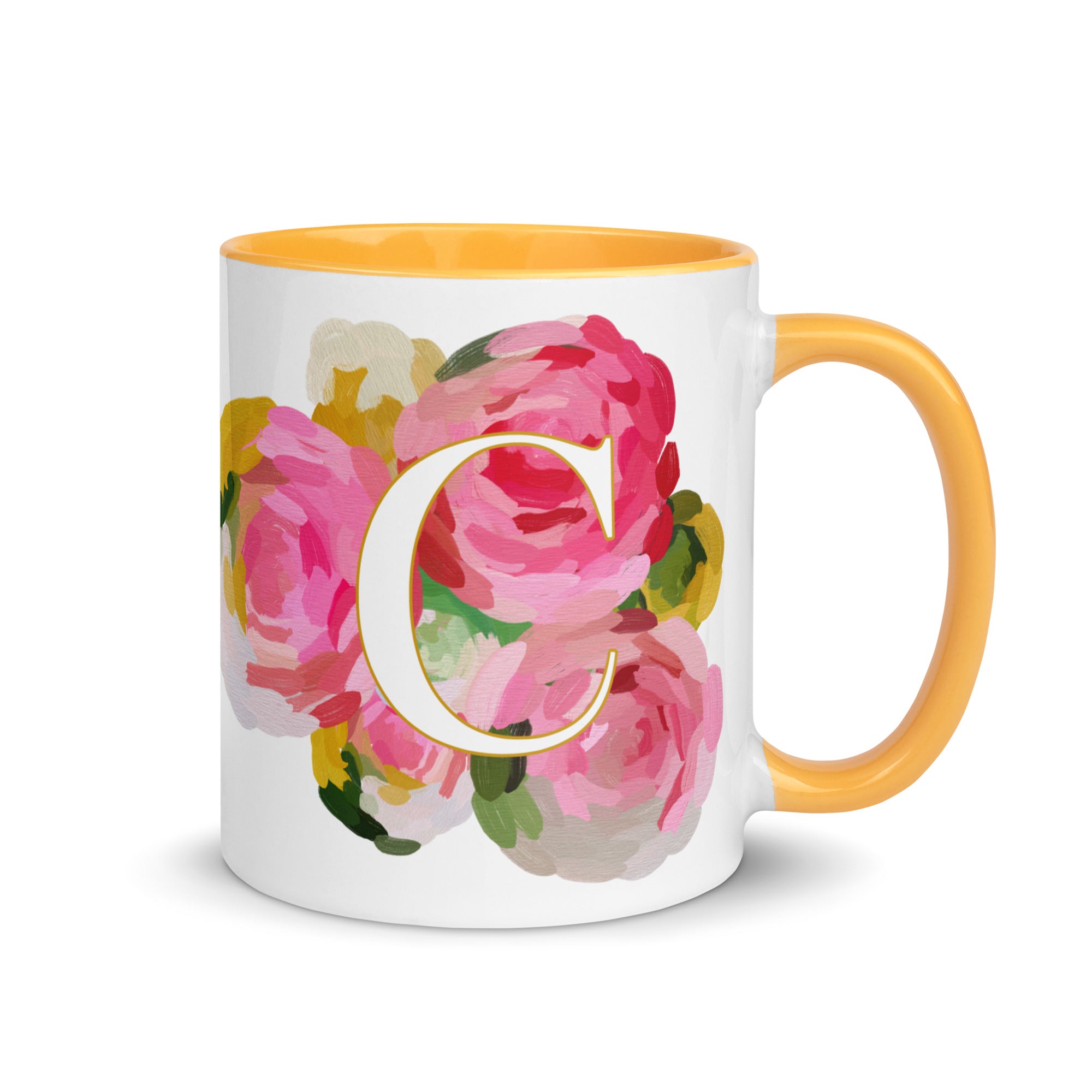 Pink Flowers Monogram Ceramic Mug - Letter C - Pretty coffee and tea mug for flower lovers. Yellow colored on the inside and the handle. Art by Parima Studio. Chic floral mug