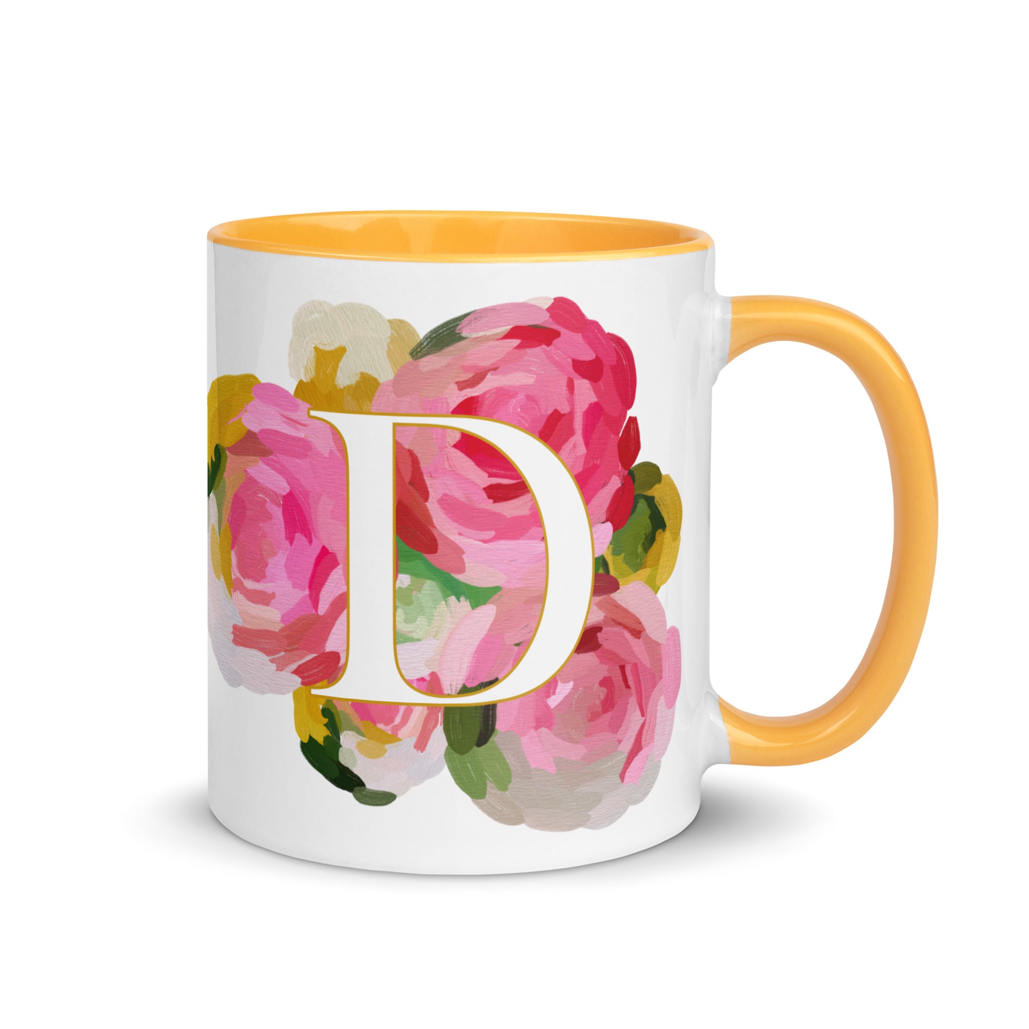 Pink Flowers Monogram Ceramic Mug - Letter D - Pretty coffee and tea mug for flower lovers. Yellow colored on the inside and the handle. Art by Parima Studio. Chic floral mug