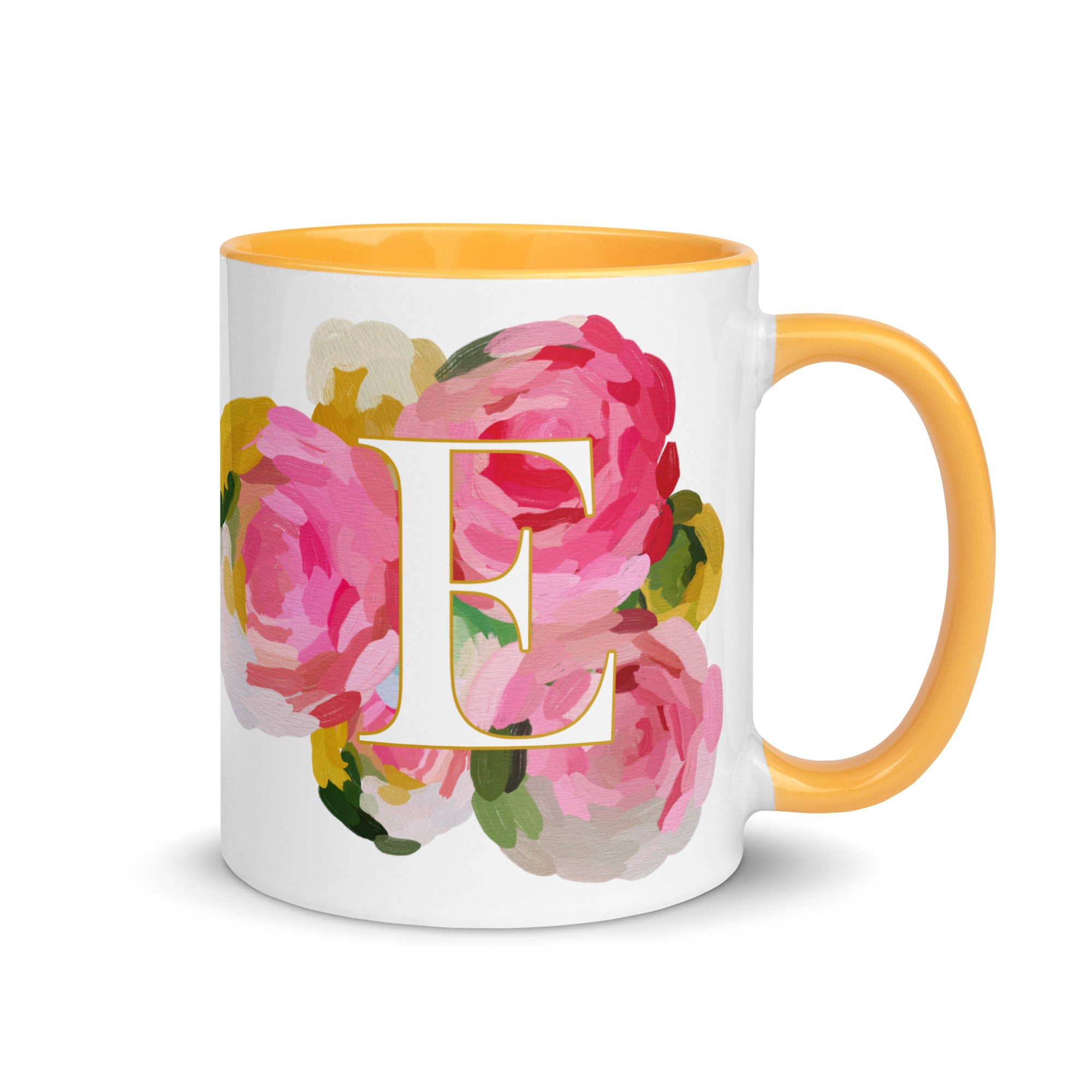 Pink Flowers Monogram Ceramic Mug - Letter E - Pretty coffee and tea mug for flower lovers. Yellow colored on the inside and the handle. Art by Parima Studio. Chic floral mug