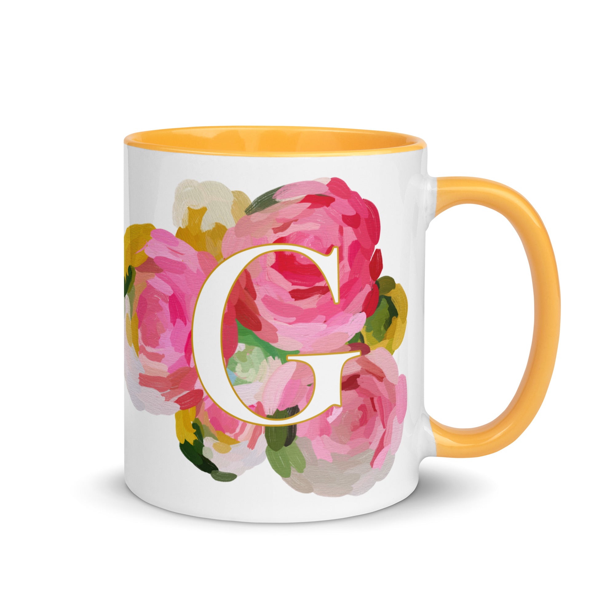 Pink Flowers Monogram Ceramic Mug - Letter G - Pretty coffee and tea mug for flower lovers. Yellow colored on the inside and the handle. Art by Parima Studio. Chic floral mug
