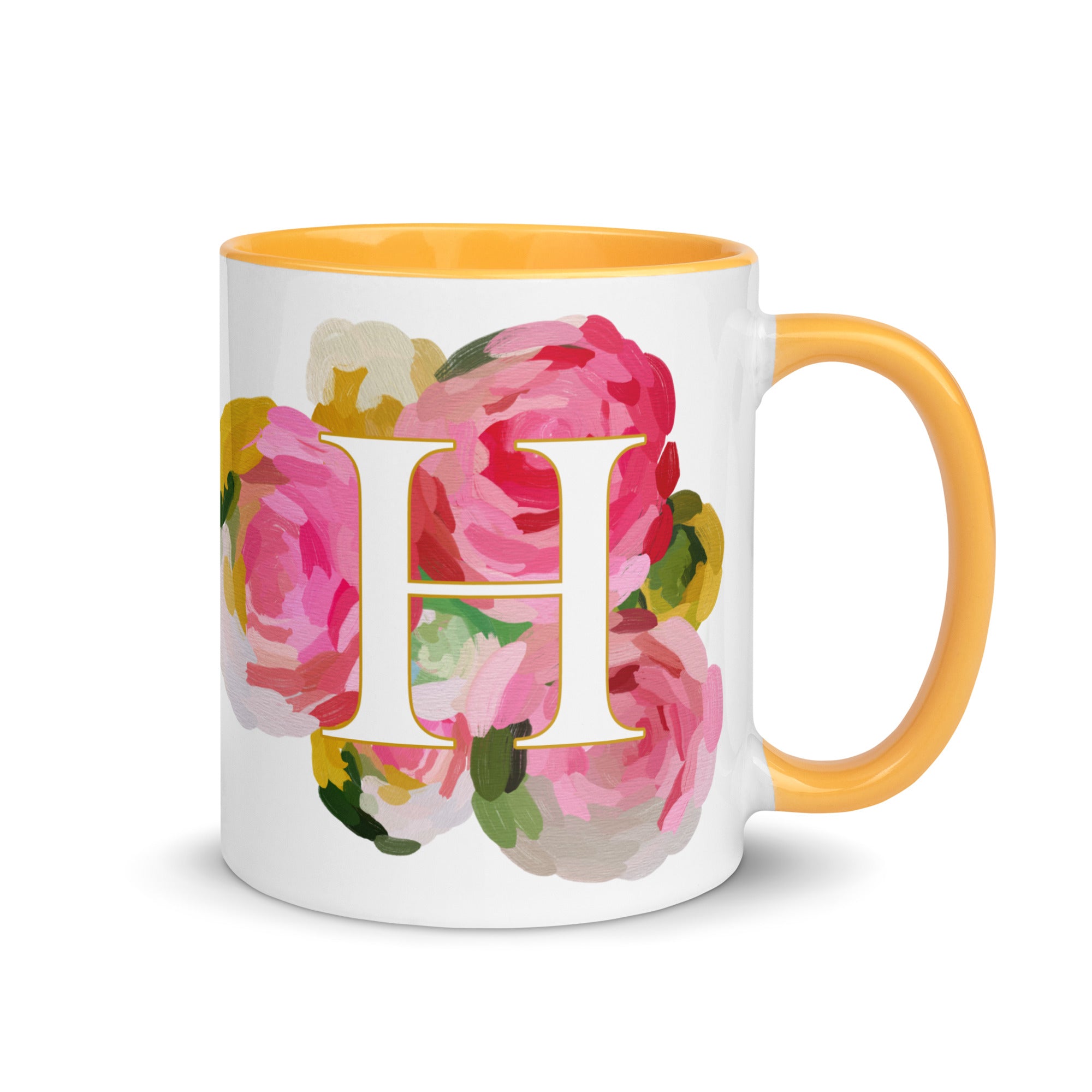 Pink Flowers Monogram Ceramic Mug - Letter H - Pretty coffee and tea mug for flower lovers. Yellow colored on the inside and the handle. Art by Parima Studio. Chic floral mug