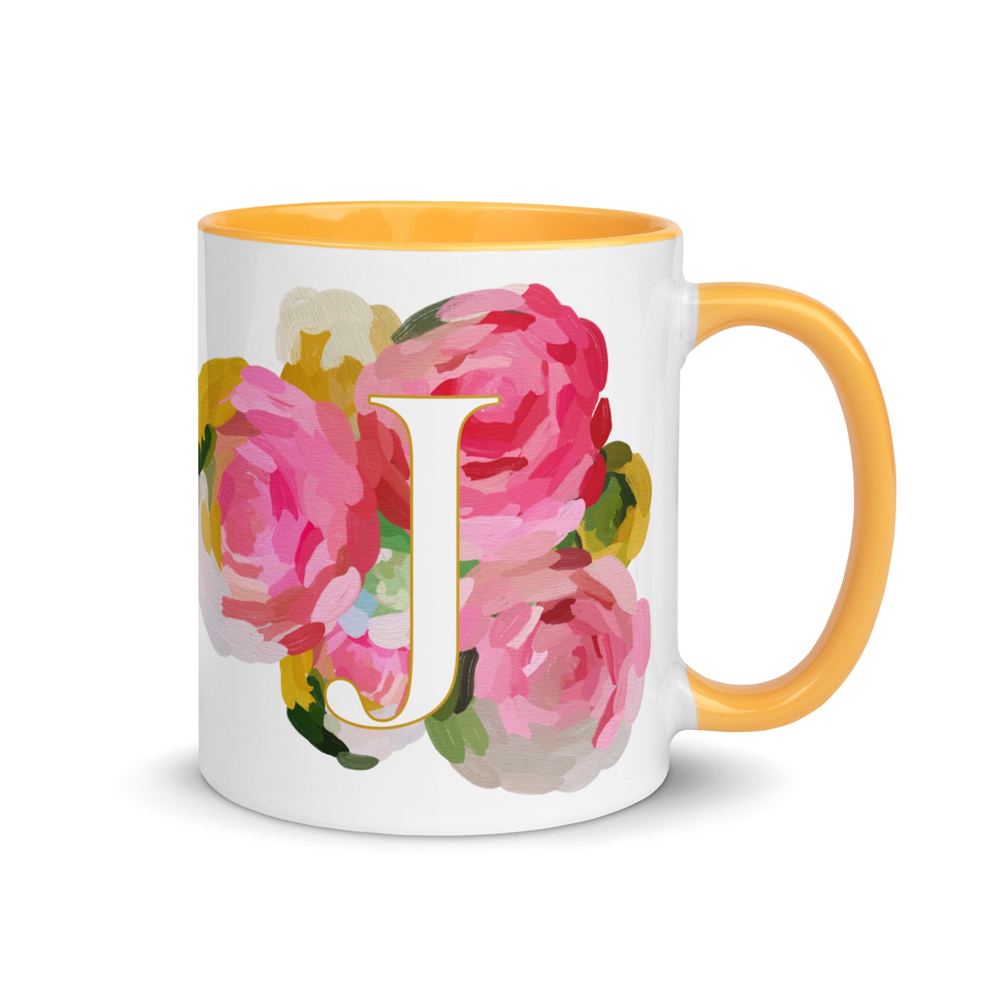 Pink Flowers Monogram Ceramic Mug - Letter J - Pretty coffee and tea mug for flower lovers. Yellow colored on the inside and the handle. Art by Parima Studio. Chic floral mug