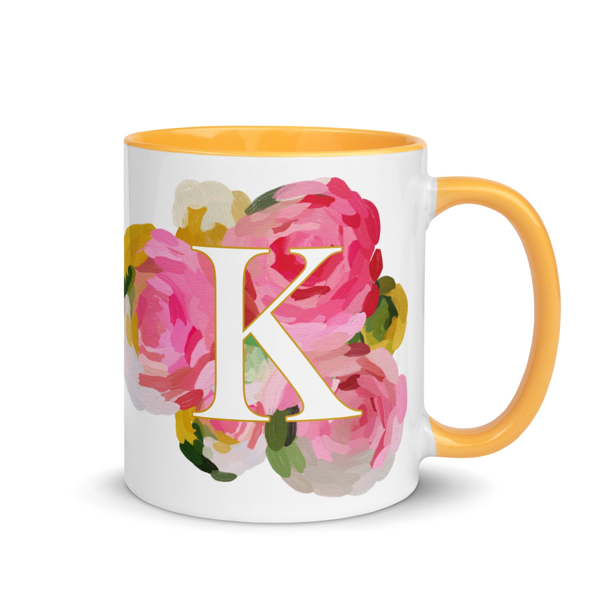 Pink Flowers Monogram Ceramic Mug - Letter K - Pretty coffee and tea mug for flower lovers. Yellow colored on the inside and the handle. Art by Parima Studio. Chic floral mug