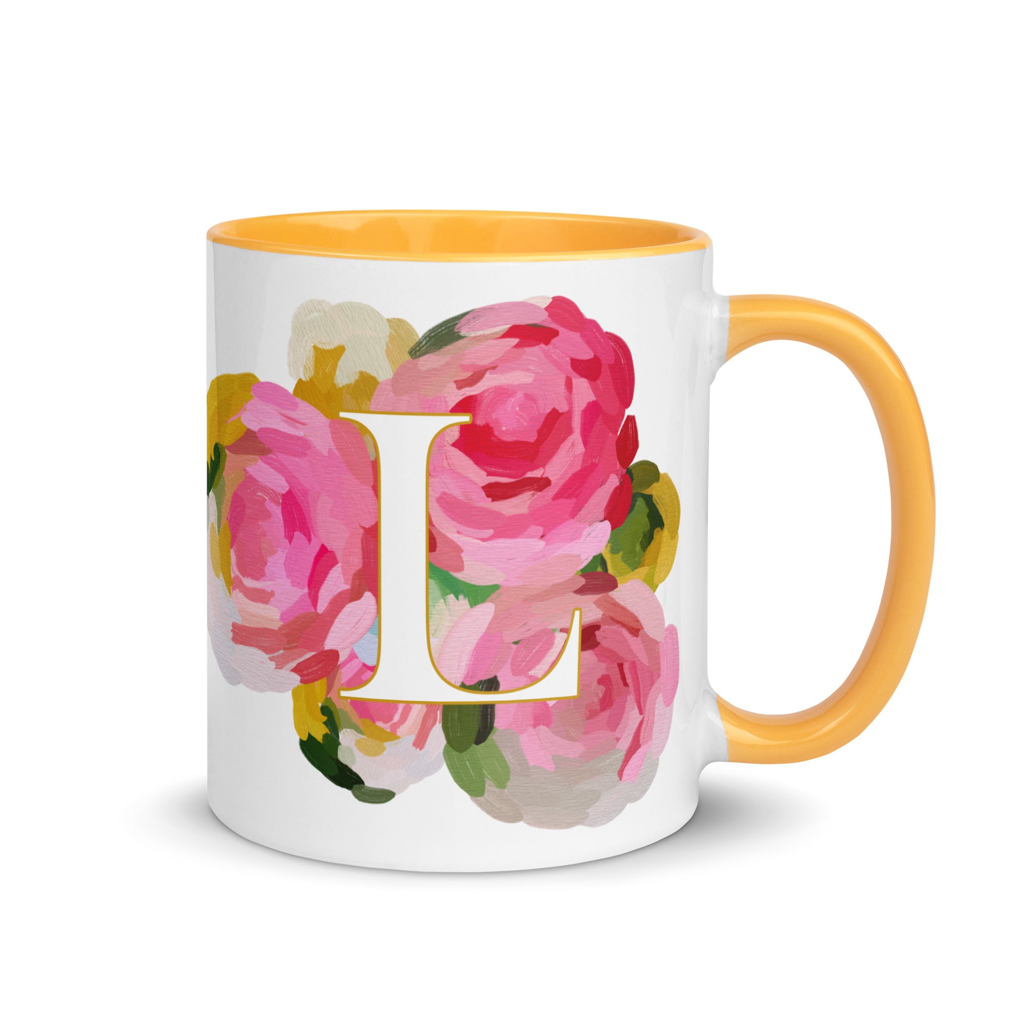Pink Flowers Monogram Ceramic Mug - Letter L - Pretty coffee and tea mug for flower lovers. Yellow colored on the inside and the handle. Art by Parima Studio. Chic floral mug
