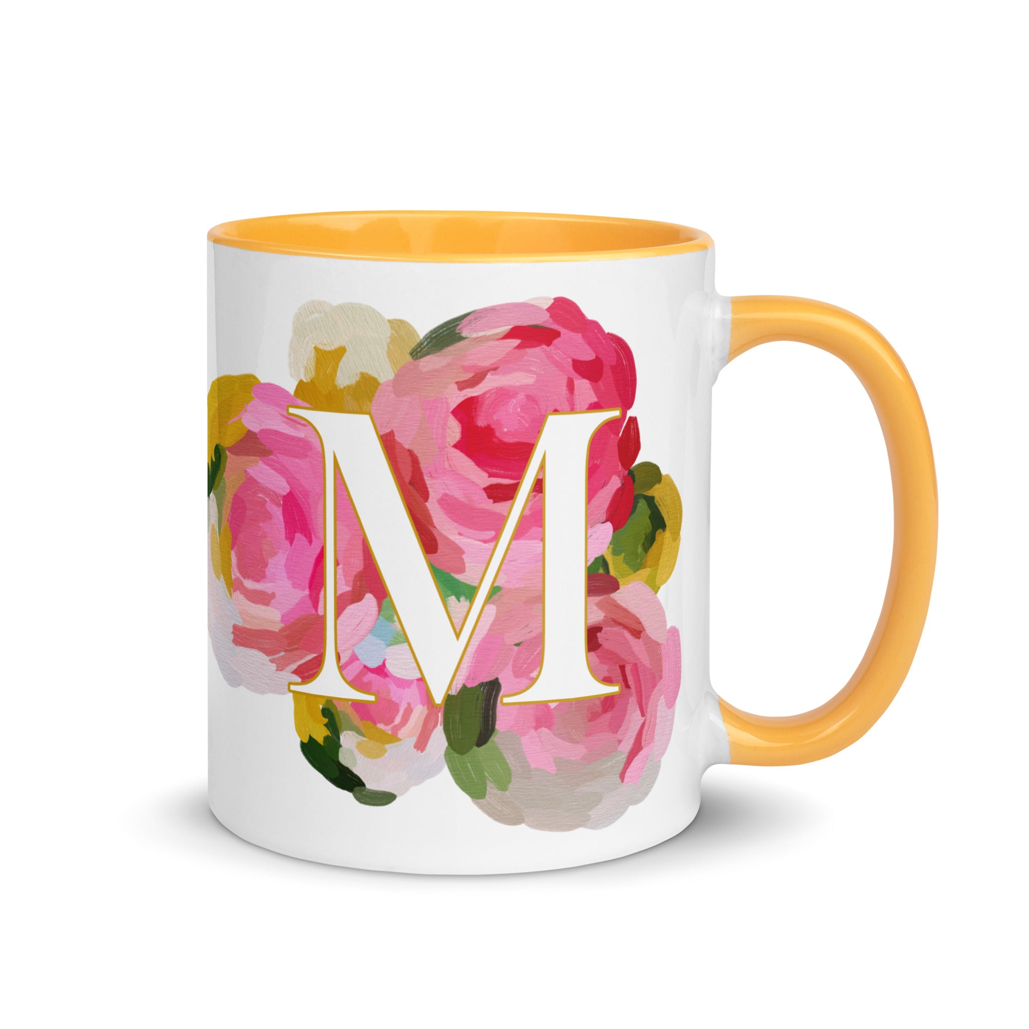 Pink Flowers Monogram Ceramic Mug - Letter M - Pretty coffee and tea mug for flower lovers. Yellow colored on the inside and the handle. Art by Parima Studio. Chic floral mug